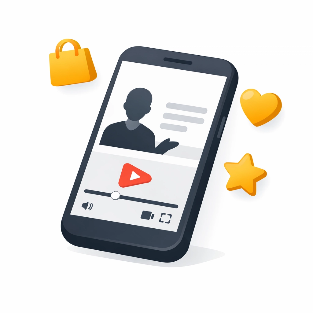 A smartphone displaying a live shopping platform interface with interactive product icons.