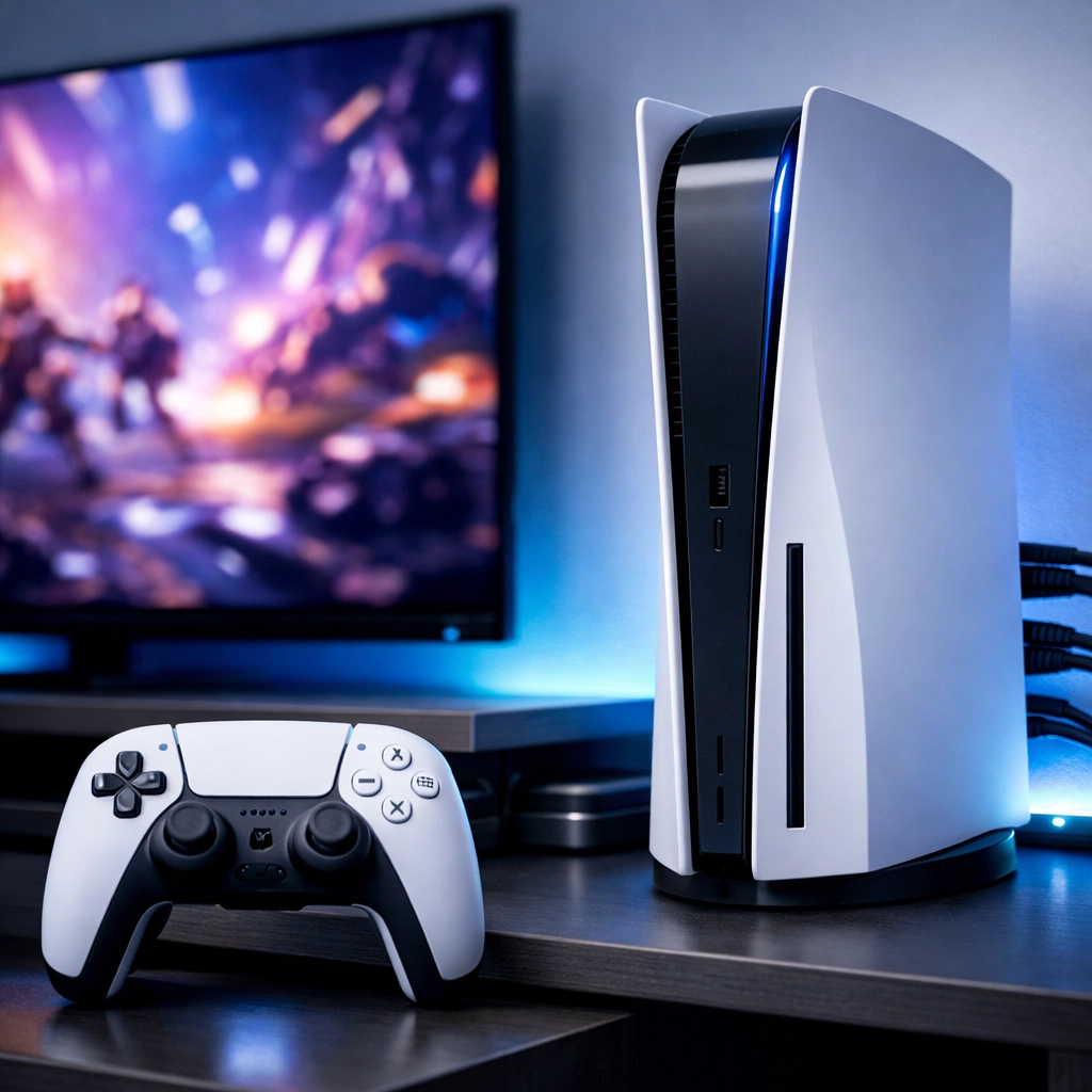 Next-generation gaming console in a stylish home theater setup, highlighting network needs for 4K gaming.