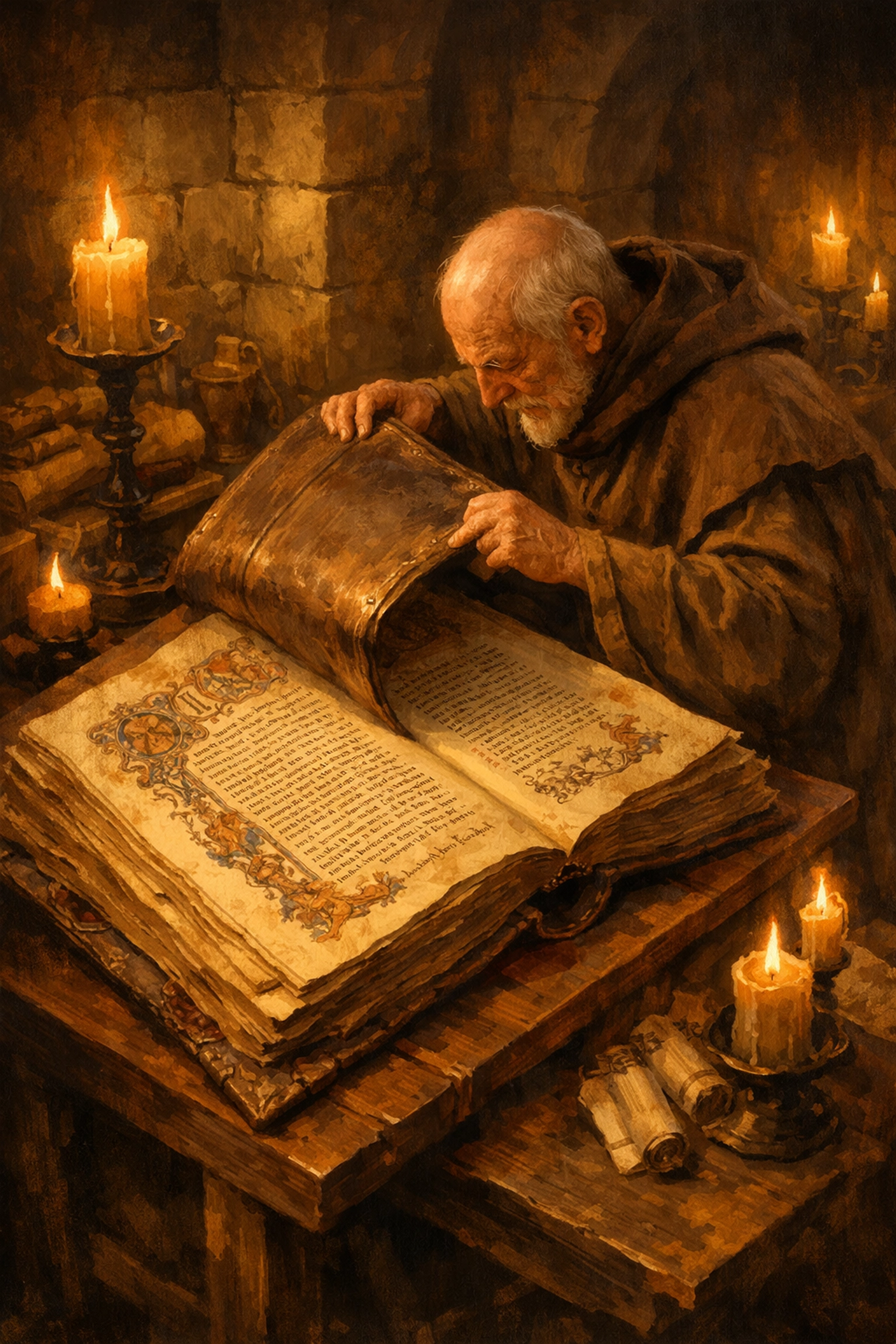 Brother Thomas opening ancient manuscript in candlelit monastery scriptorium