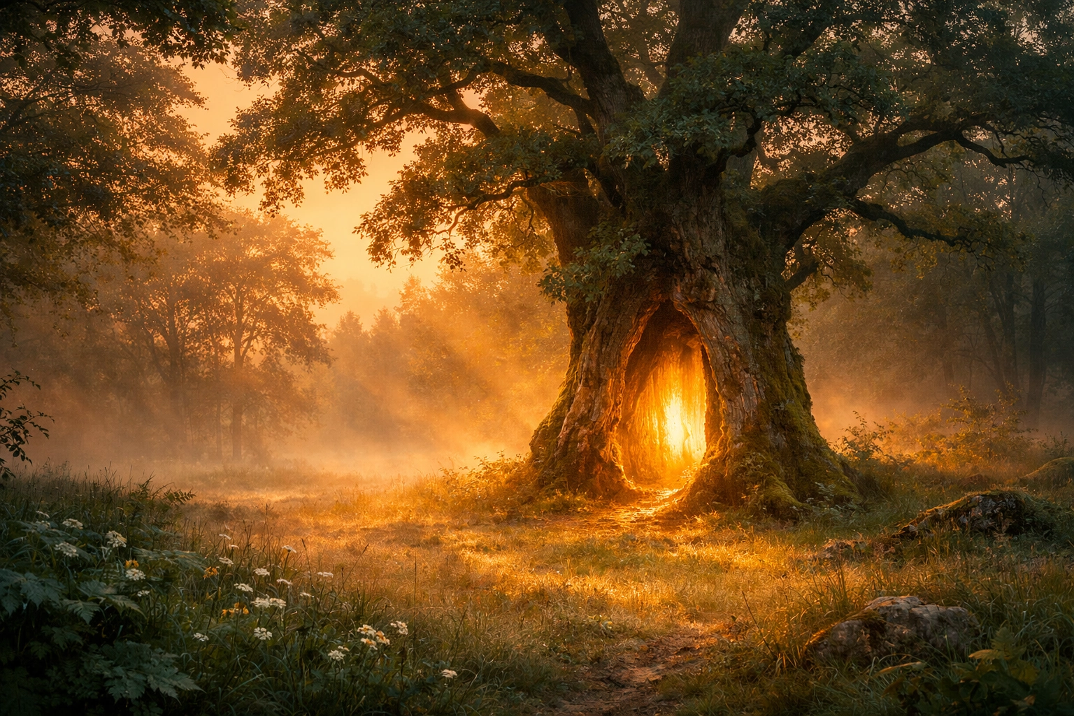 Sunrise light in a forest clearing representing a fresh start and the end of self-sabotage.