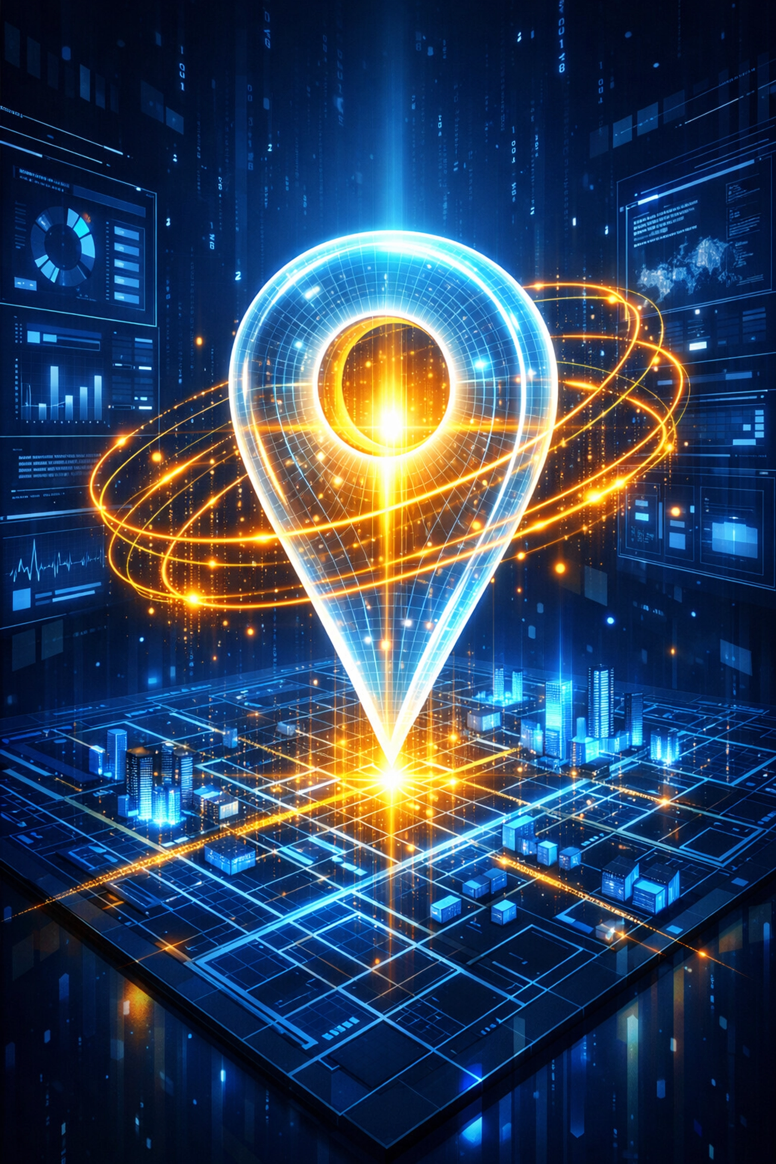 Holographic map pin over a digital city illustrating local SEO dominance and search authority.