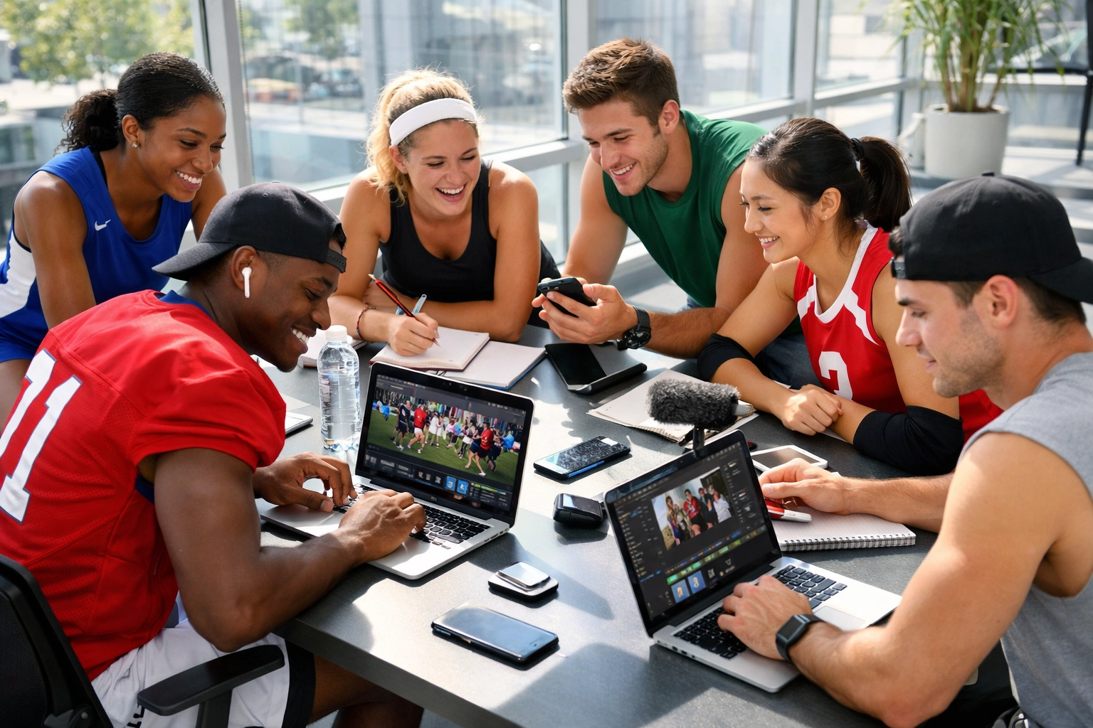 Student-athletes collaborating on NIL content creation with digital devices in modern studio