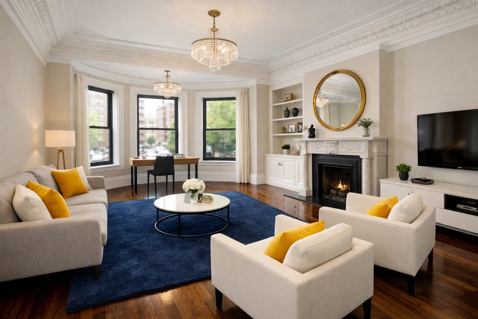 Professionally cleaned Boston brownstone living room with polished hardwood floors ready for a stress-free move.