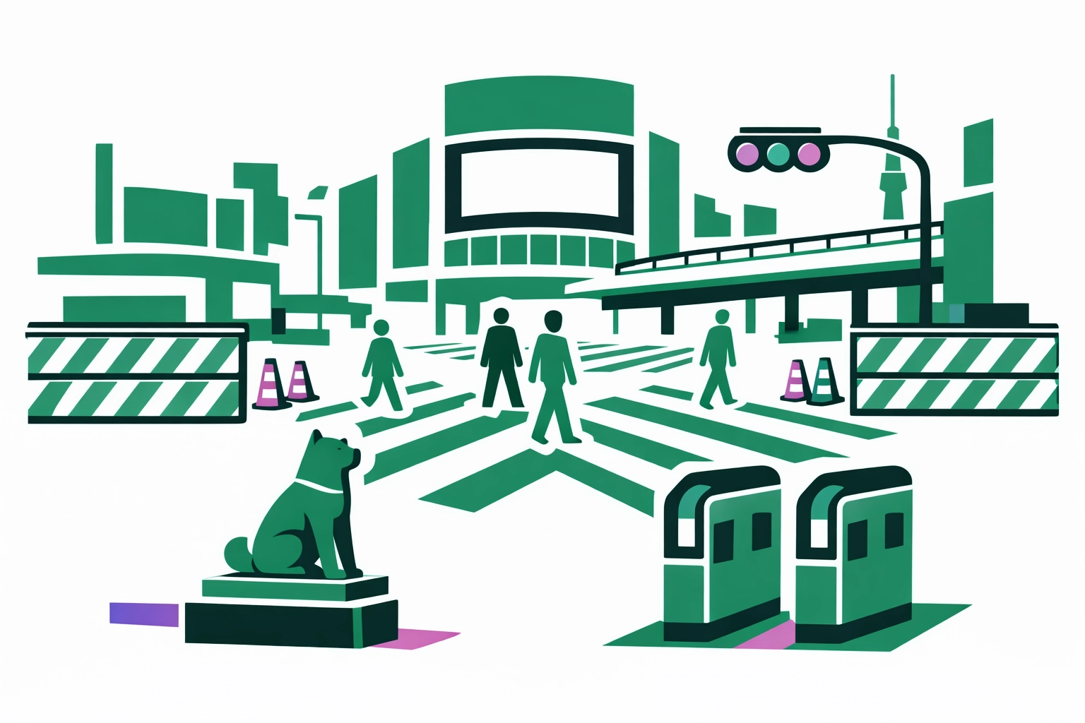 Minimal Refare-style illustration of Shibuya Crossing with construction barriers and the relocated Hachiko Gate area