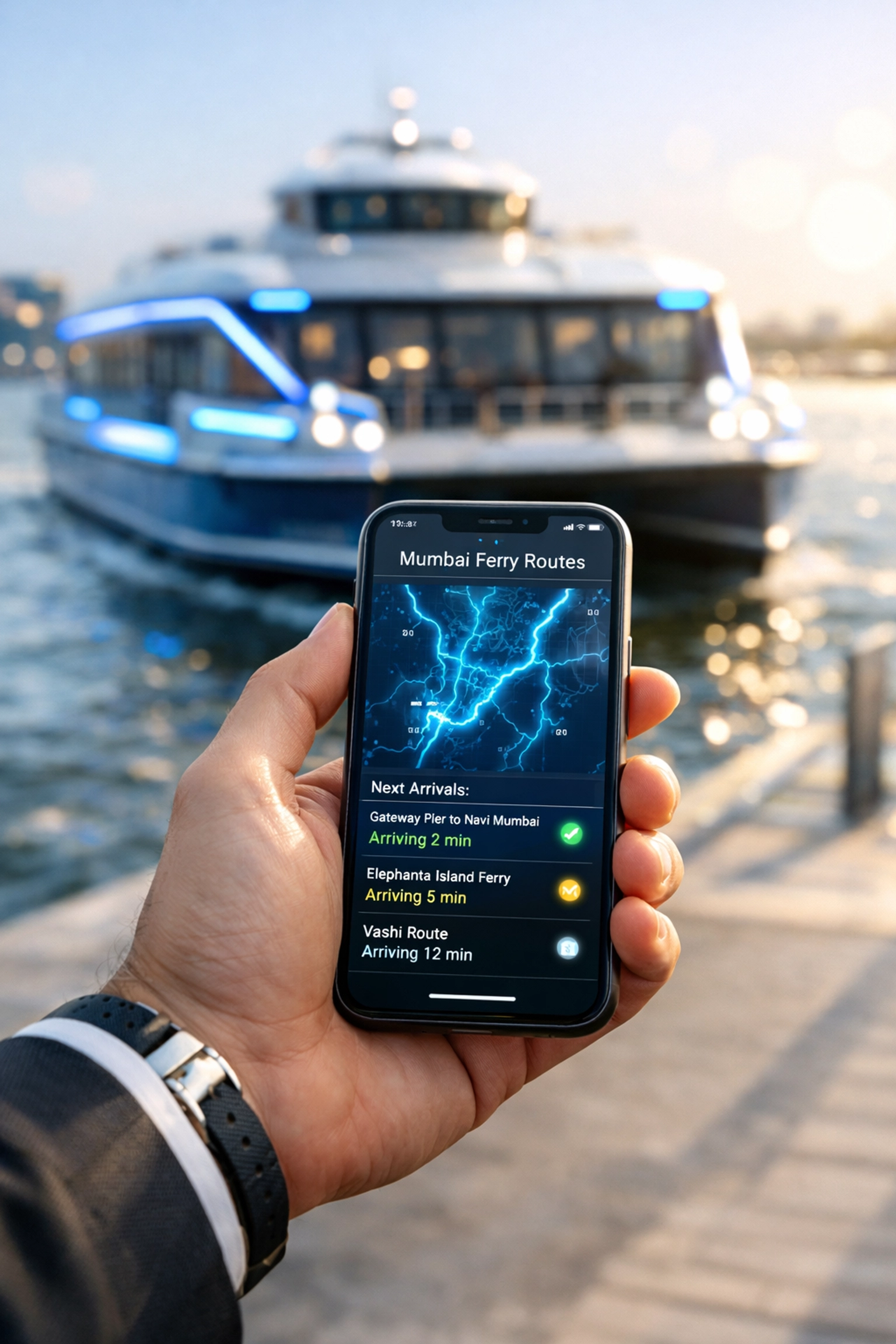 Commuter using a digital transit app to track Mumbai Water Metro ferry schedules on a smartphone.