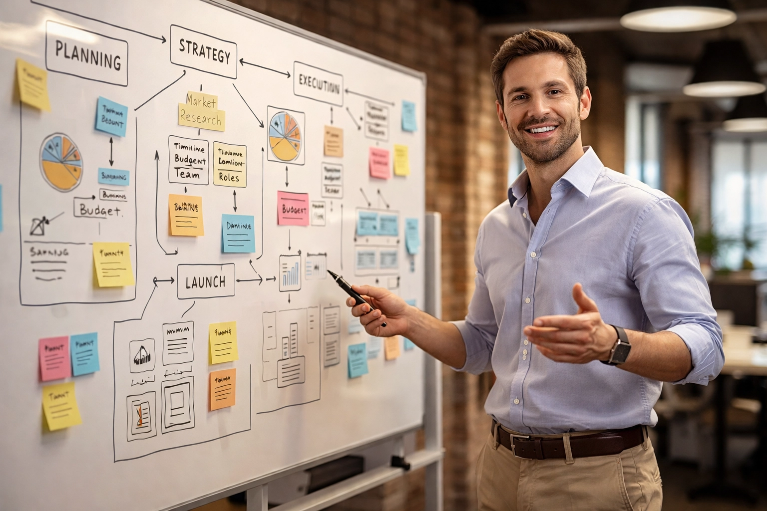 Business strategist presenting project execution plans on a whiteboard, highlighting effective innovation execution