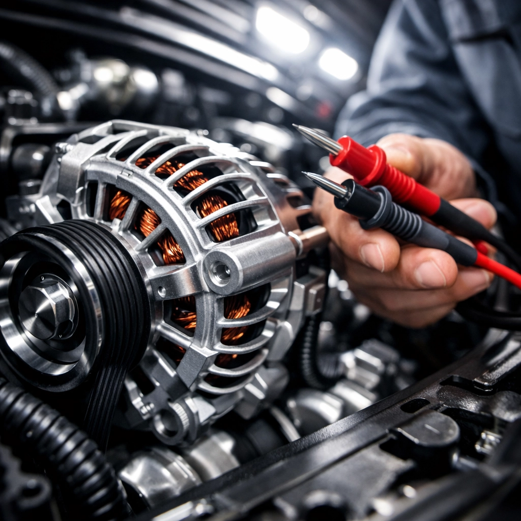 Testing a vehicle's alternator with a multimeter as part of comprehensive car maintenance and auto repair.
