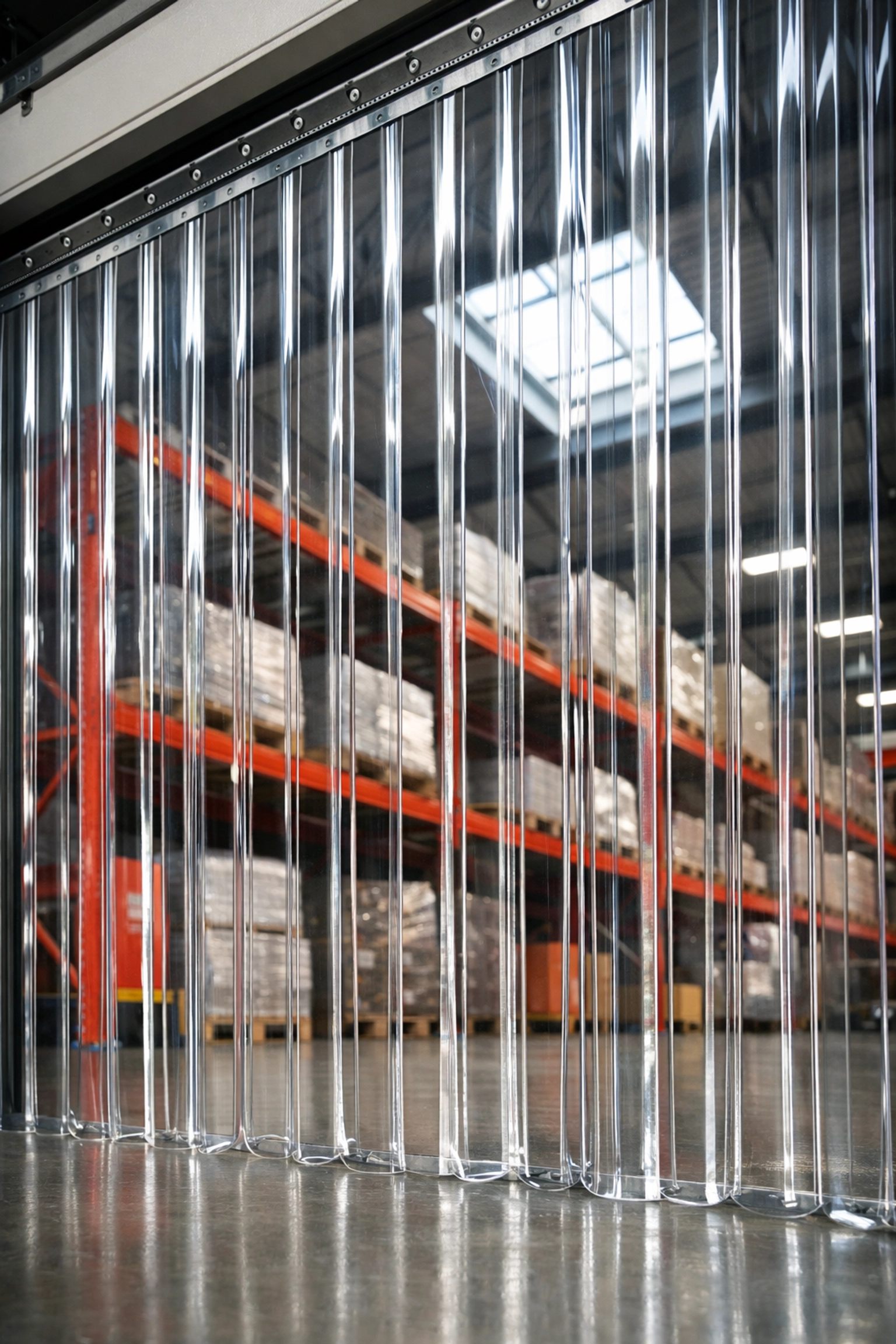 Industrial PVC door strips installed in a warehouse loading bay for temperature control and durability.