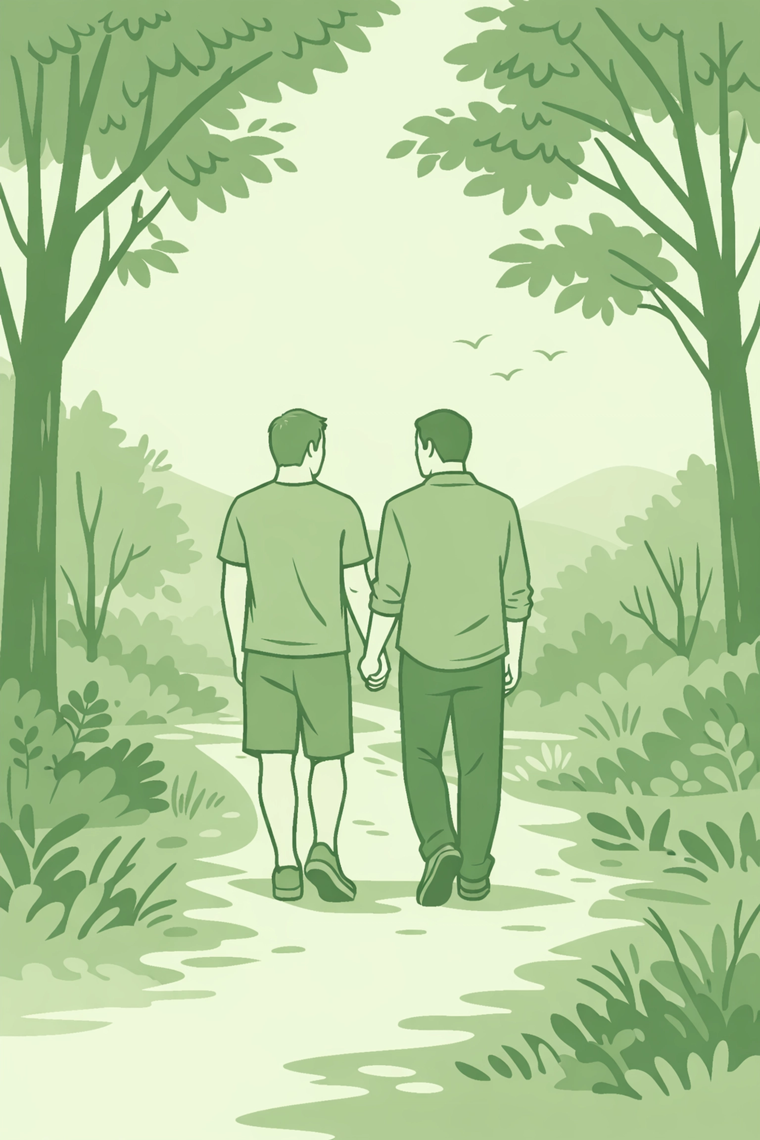 Gay men holding hands in nature during peaceful digital break