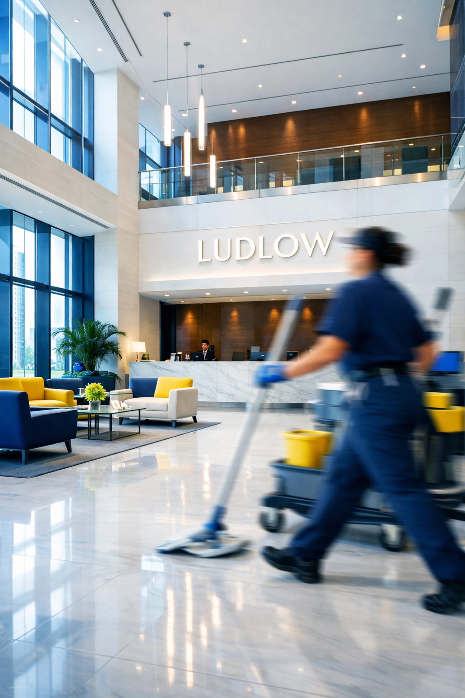 Professional office cleaning in a modern Ludlow corporate lobby with a focus on efficiency.