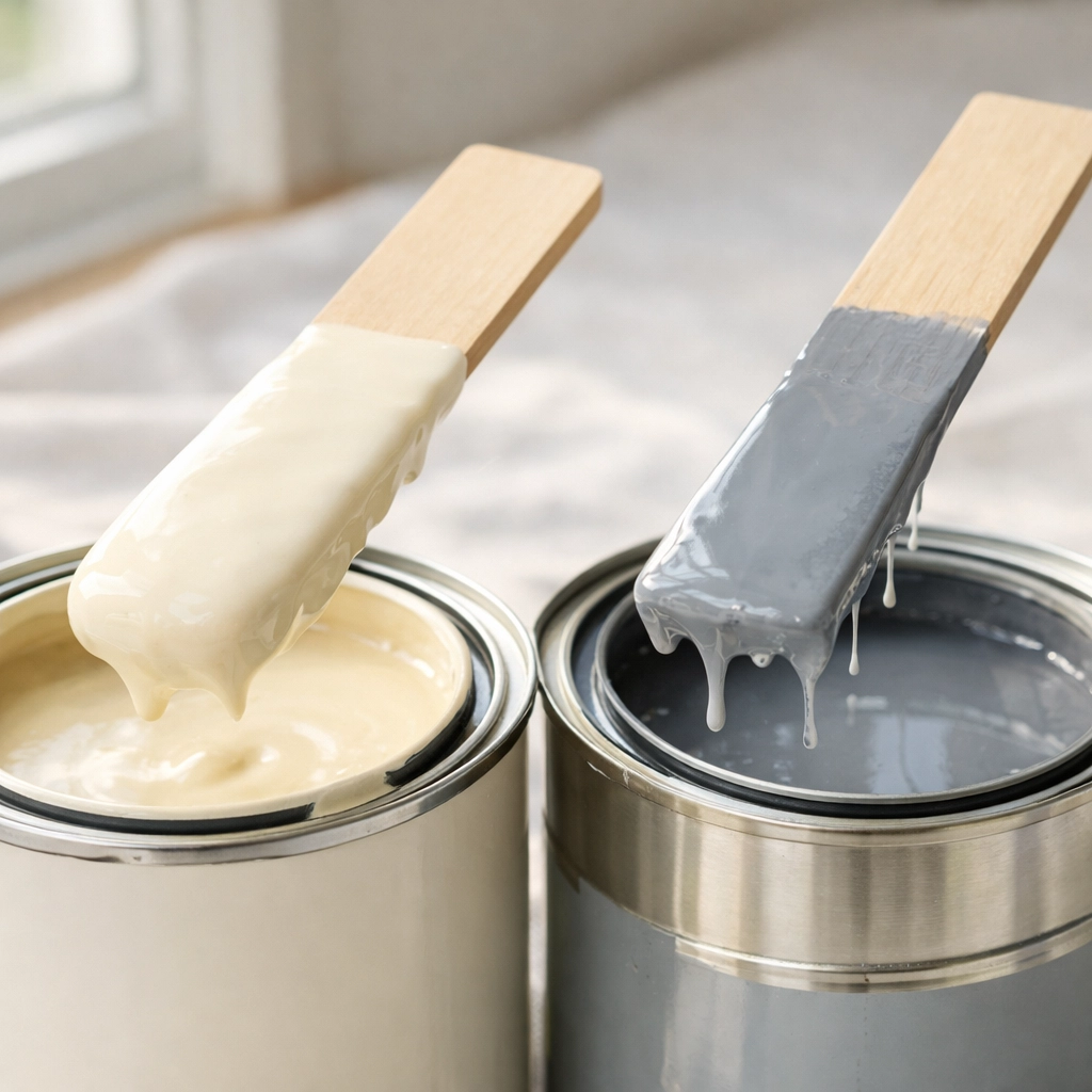 Comparison of high-quality thick paint versus thin budget paint on stir sticks.