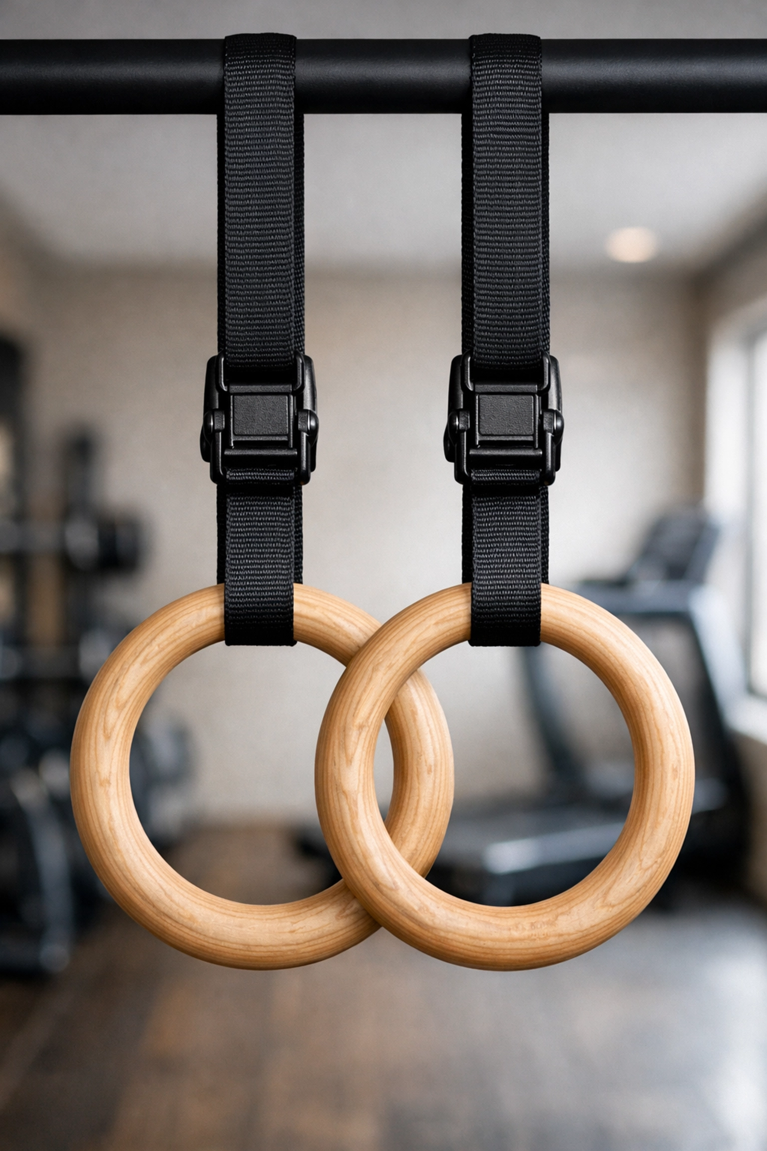 Perfectly leveled wooden gymnastic rings mounted to a Resistance Rail for balanced home calisthenics training.