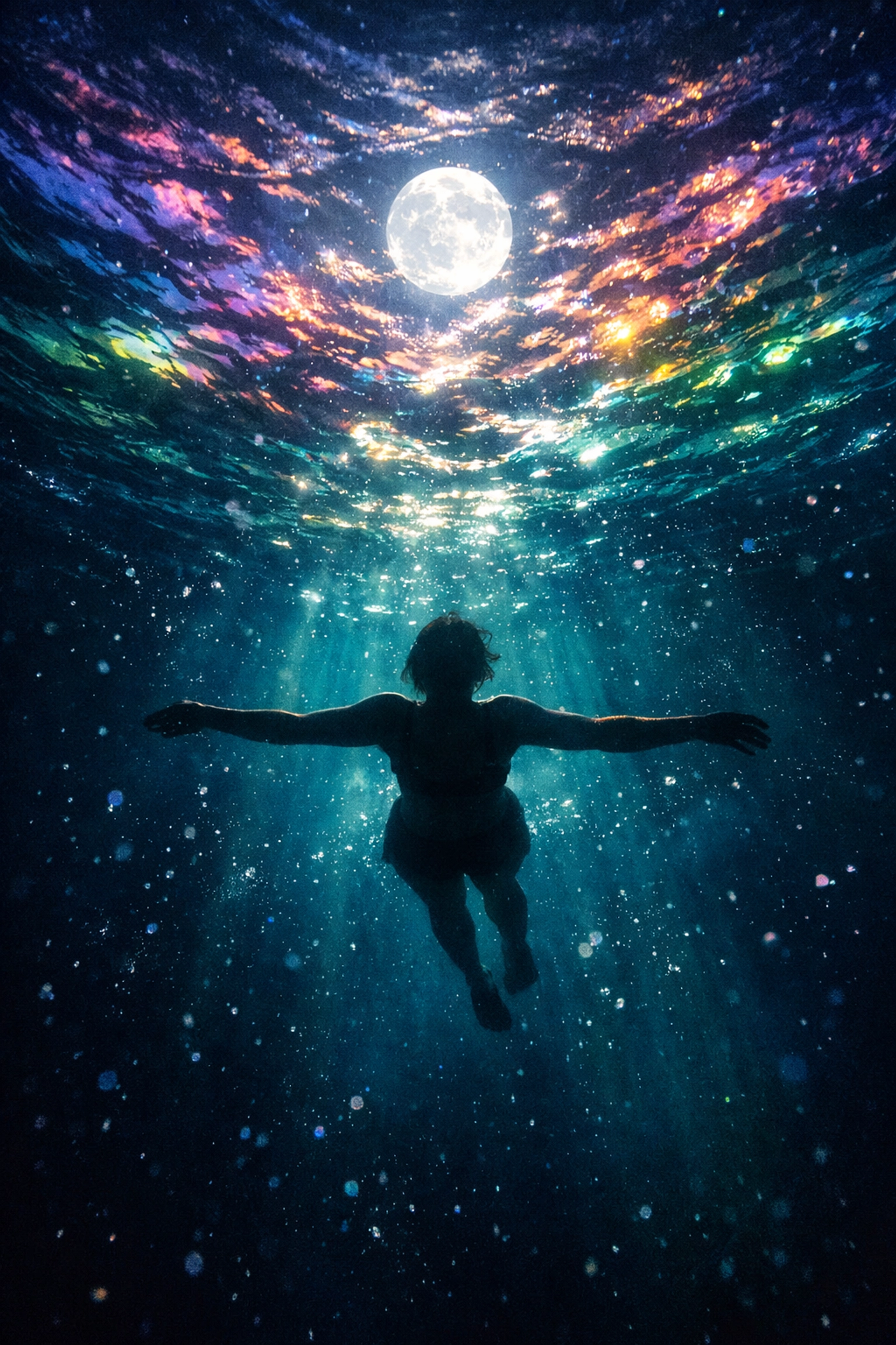 Peaceful underwater view of person floating freely beneath moonlit water surface