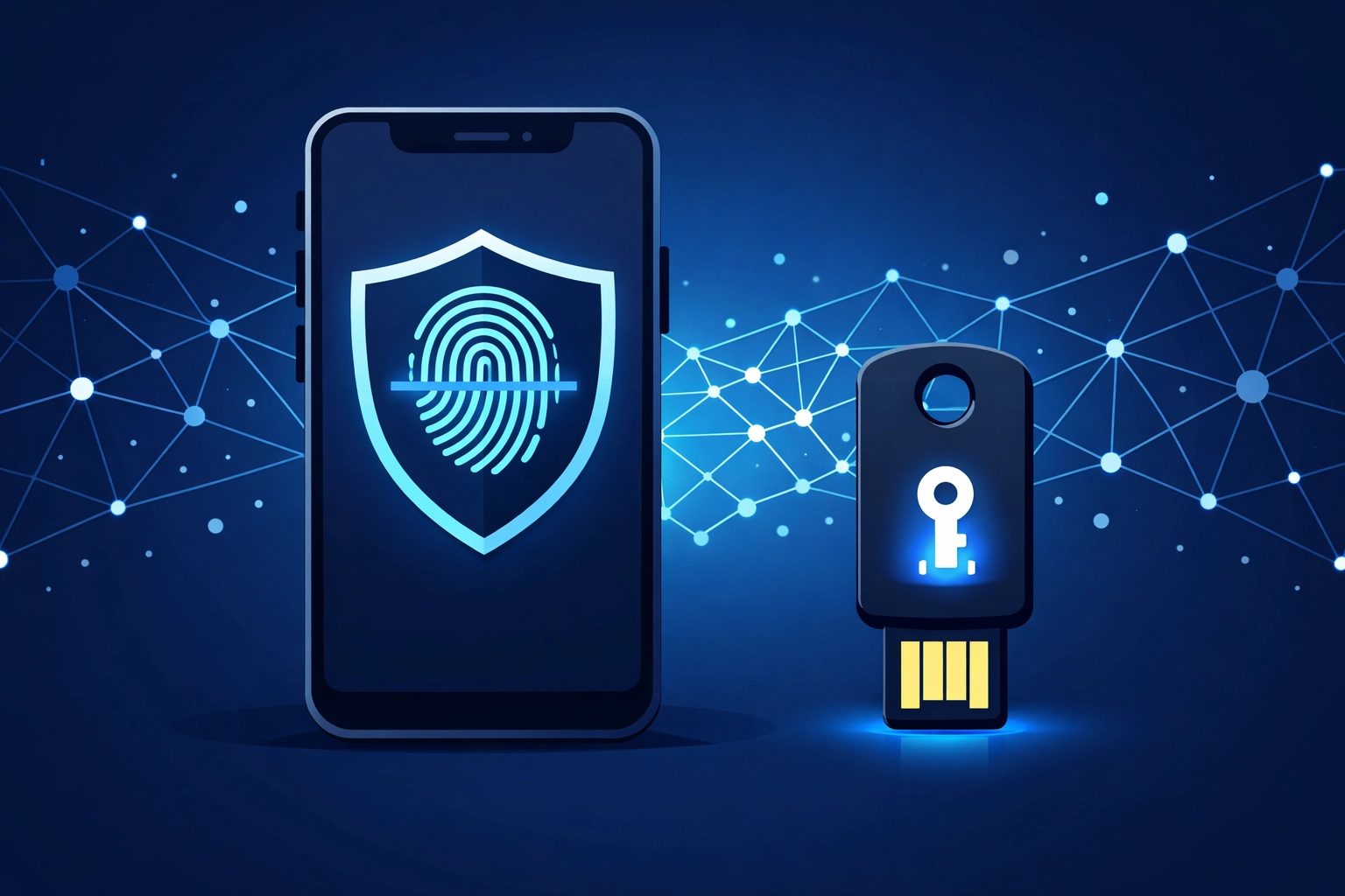 Illustration of a smartphone and security key representing MFA for remote team cybersecurity.
