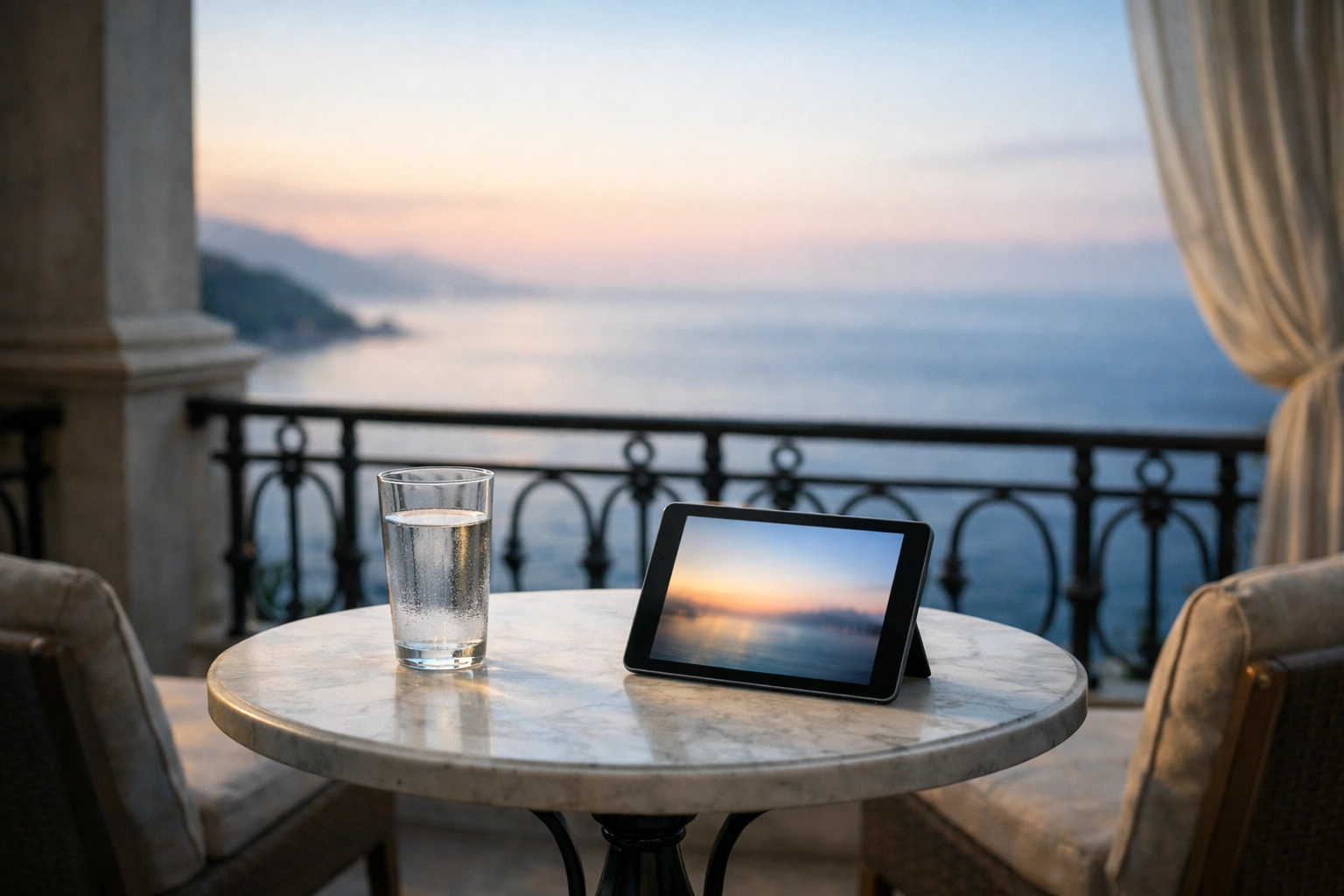 Luxury hotel balcony with ocean view and tablet for direct bookings.