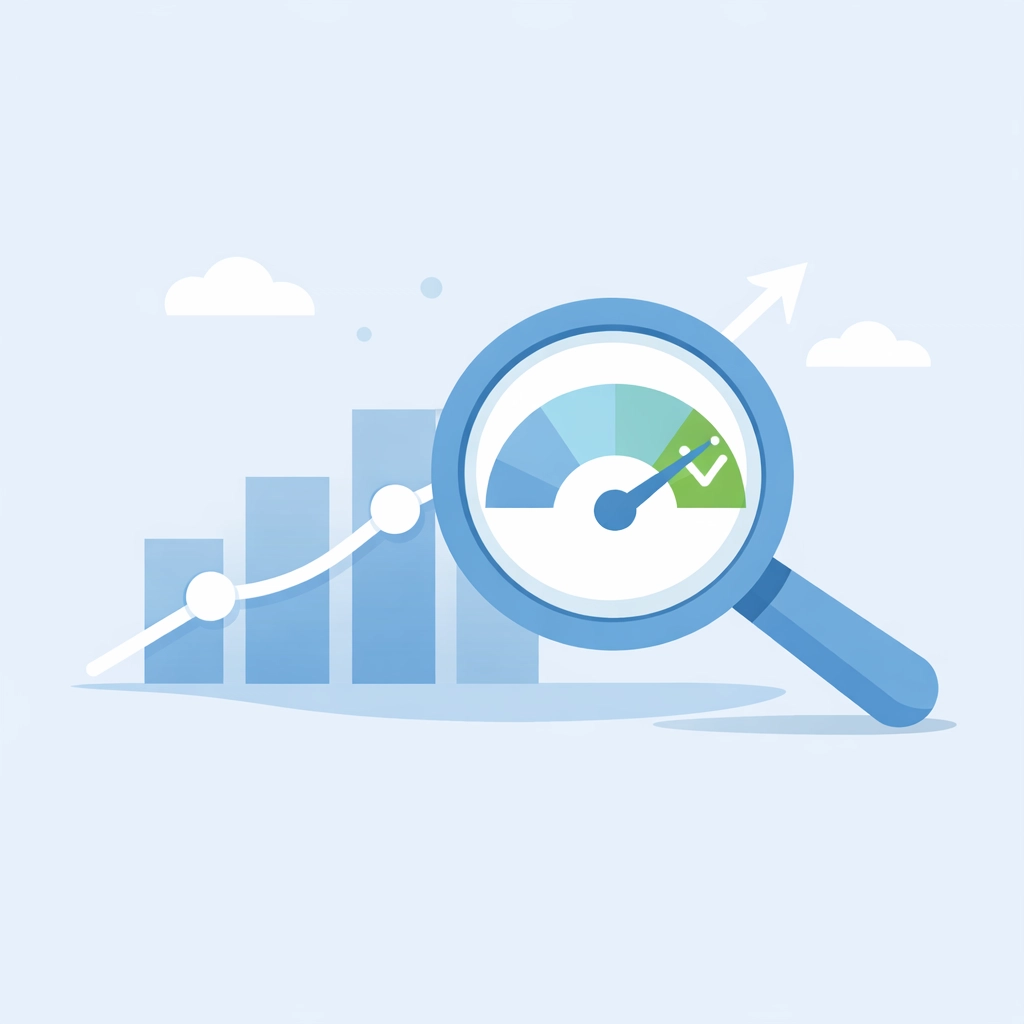 Lupa analizando una gráfica de puntaje en aumento para la reparación de crédito efectiva.