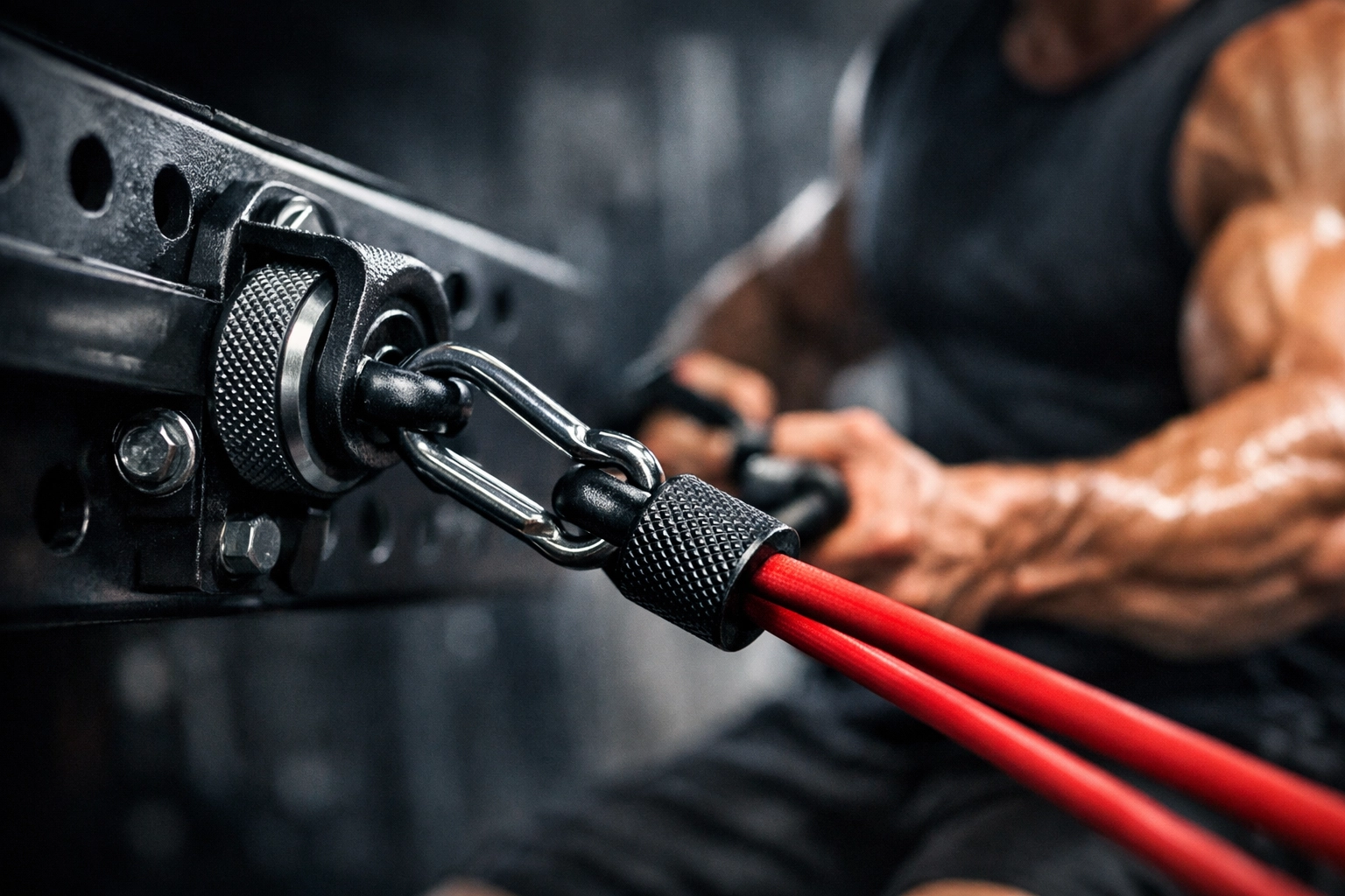 Heavy-duty resistance band training using a secure vertical anchor for full body workouts.