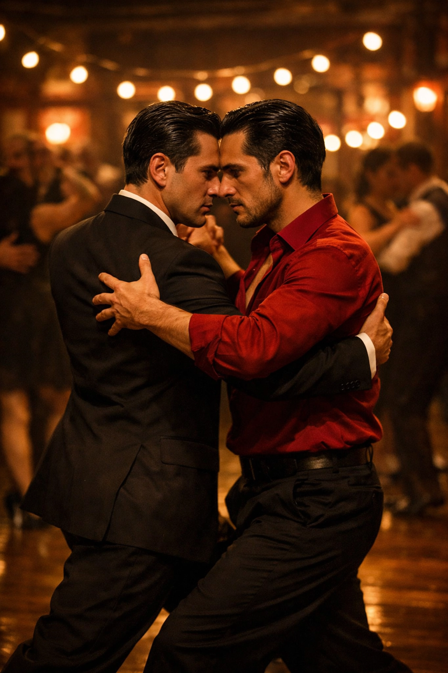 Two men dancing tango in close embrace - MM romance dance story scene