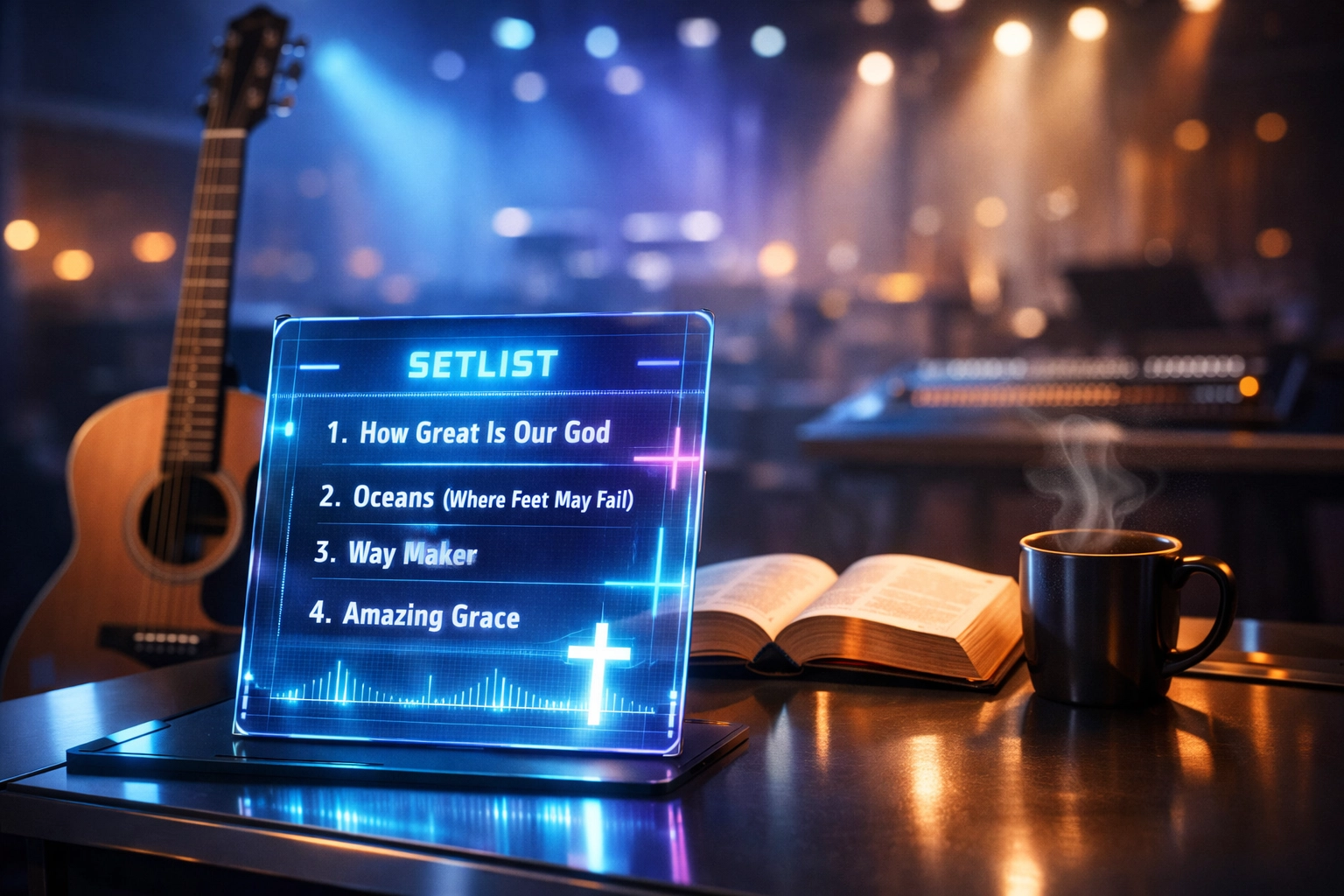 Worship leader's workspace blending AI technology with traditional Bible and guitar