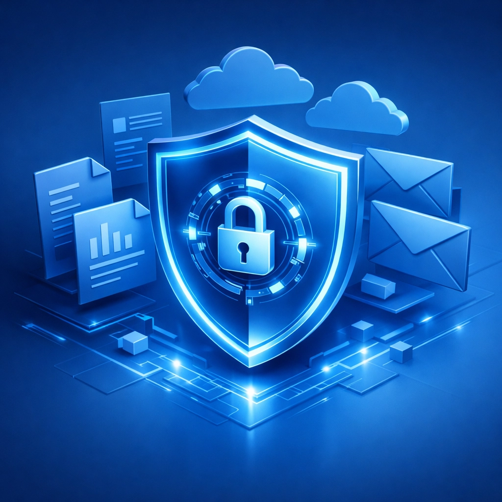 Digital shield protecting business documents and emails representing Google Workspace security