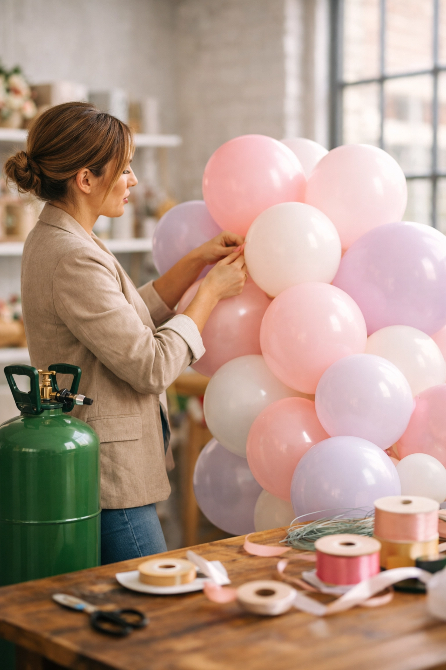 An event planner using a refillable helium gas cylinder to inflate pastel balloons in a studio.