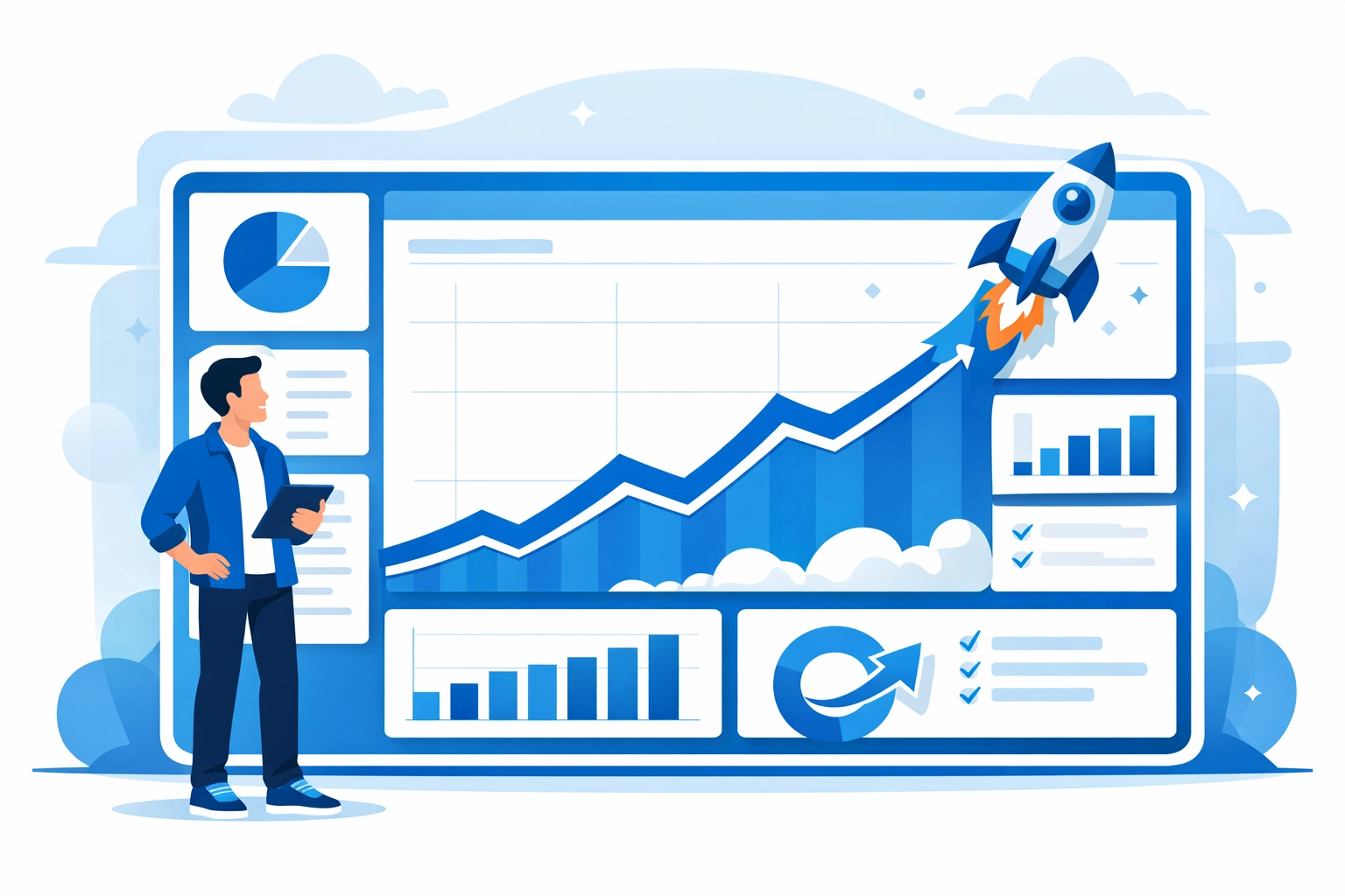 Illustration of a data dashboard tracking local SEO metrics and revenue growth for digital marketing ROI.