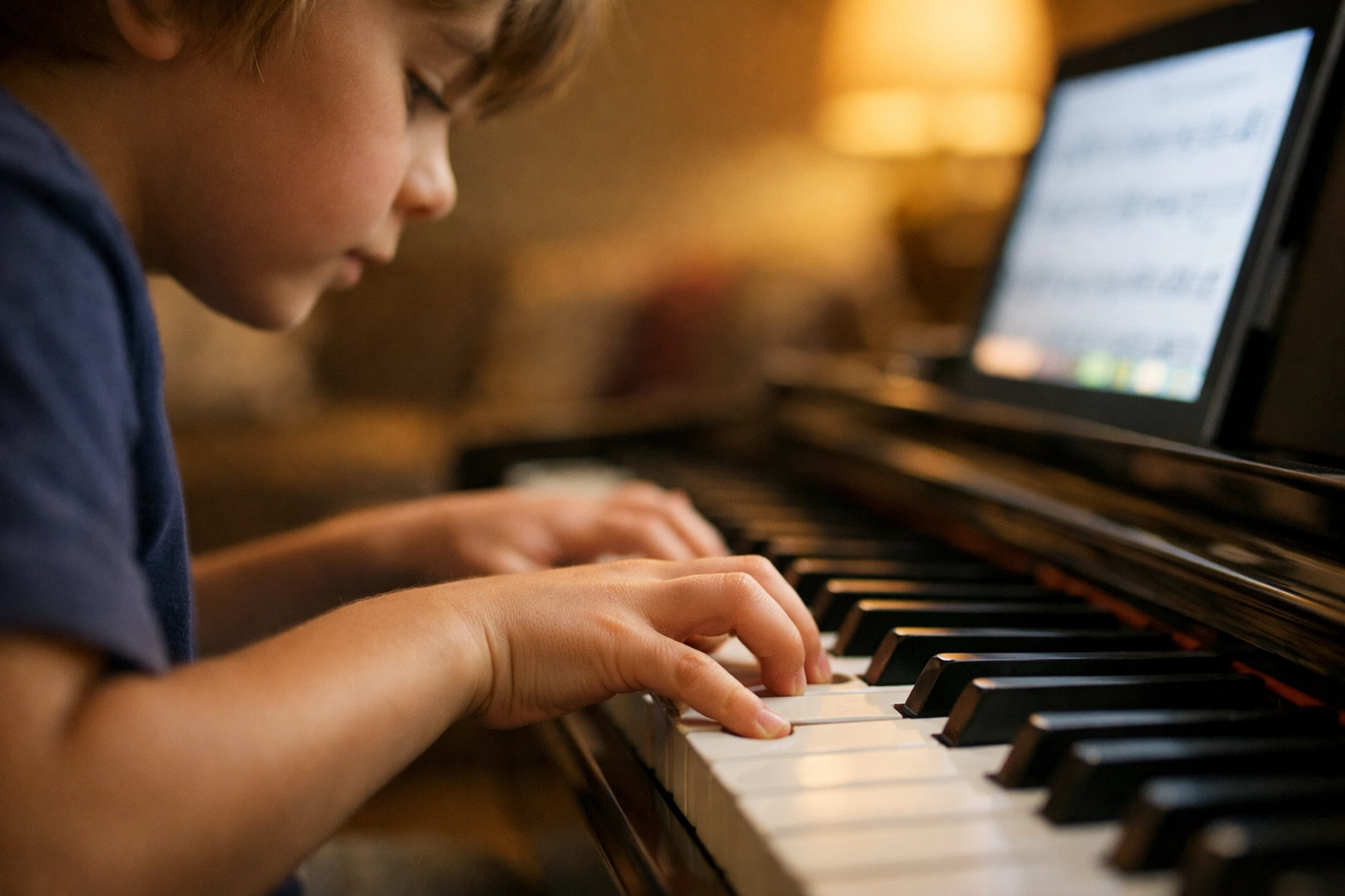 Close-up of a student's hands on piano keys, highlighting the importance of proper technique.
