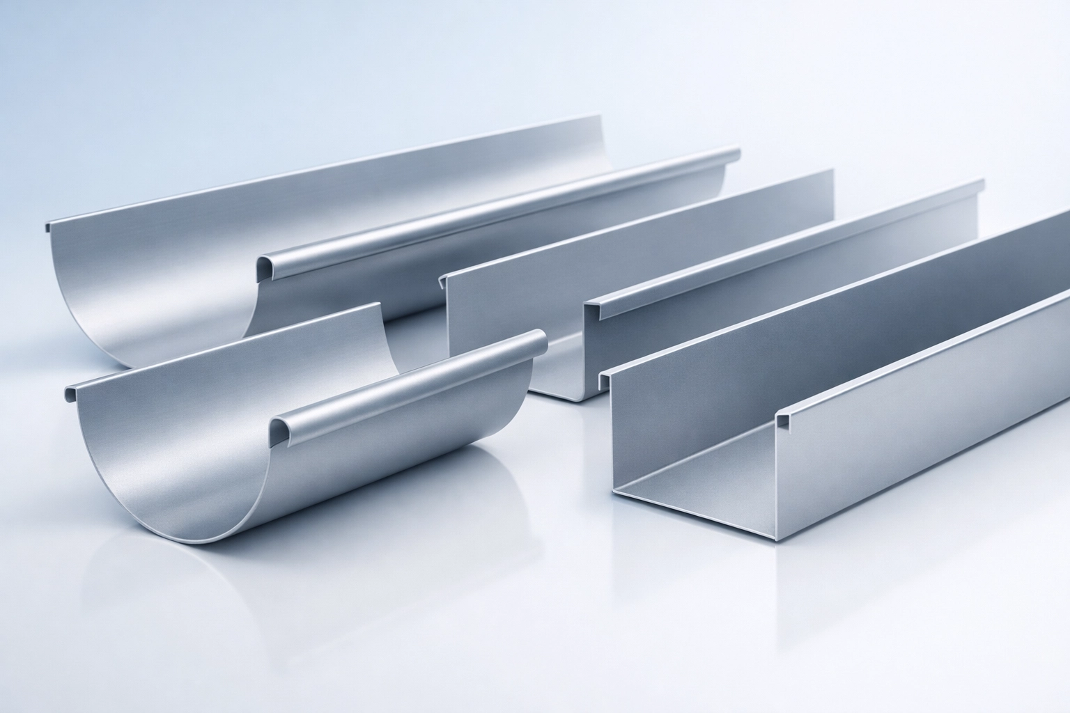 High-quality half-round and box metal gutter profiles designed for durability and corrosion resistance.