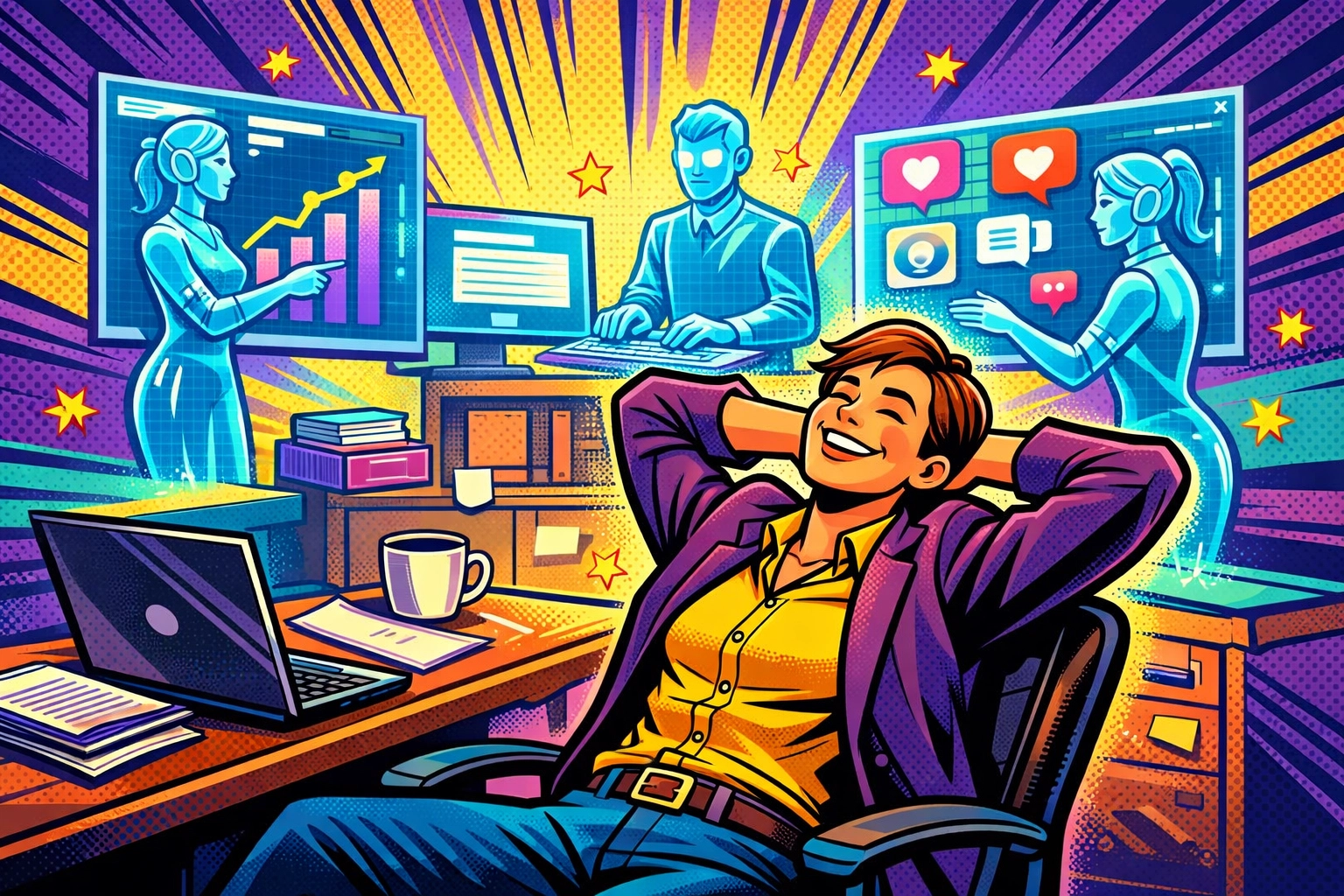 Small business owner relaxing while AI assistant handles tasks in background