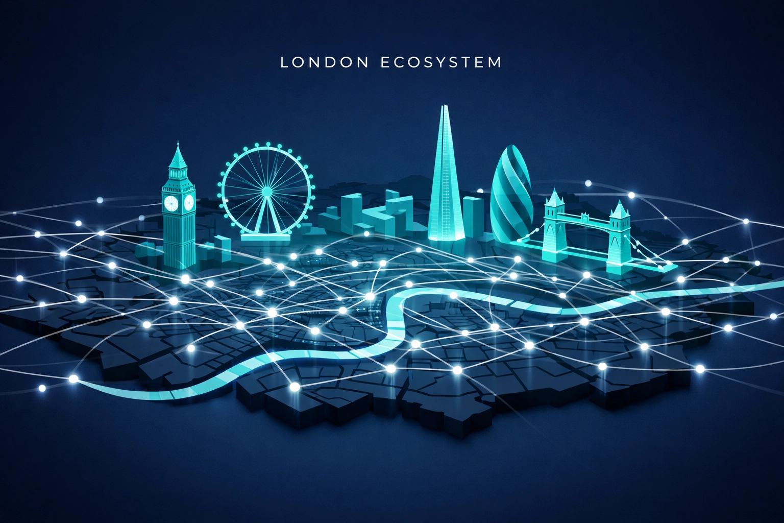 Abstract map of London tech hubs and interconnected digital transformation networks in the city.