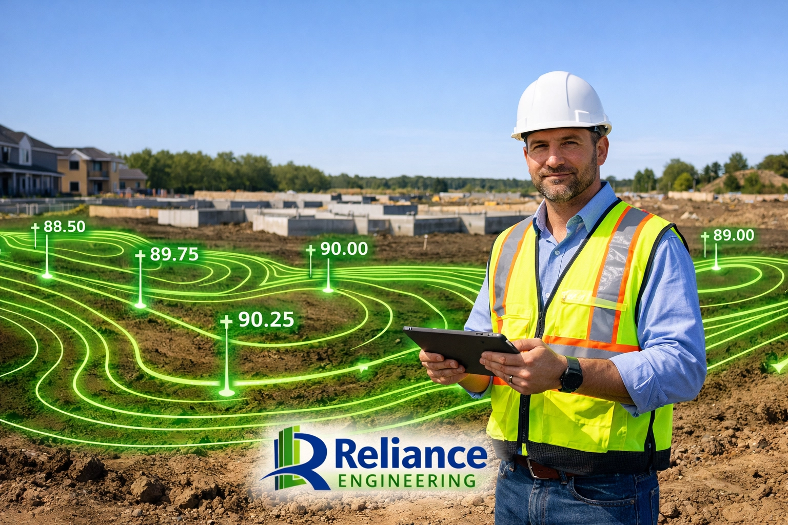 Professional engineer conducting a final site grading inspection for an Ontario building permit.