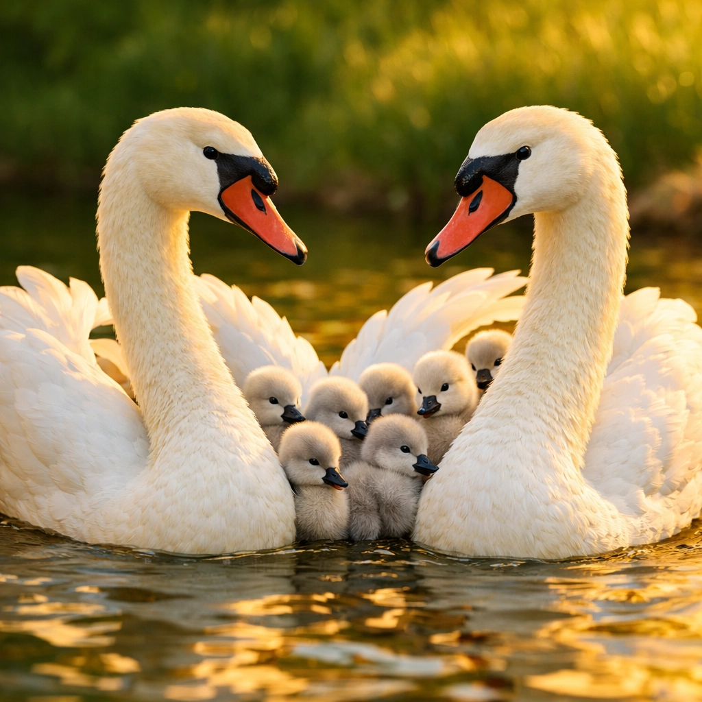 Two male swan fathers swimming with their cygnets, showing the success of same-sex parenting and family bonds.