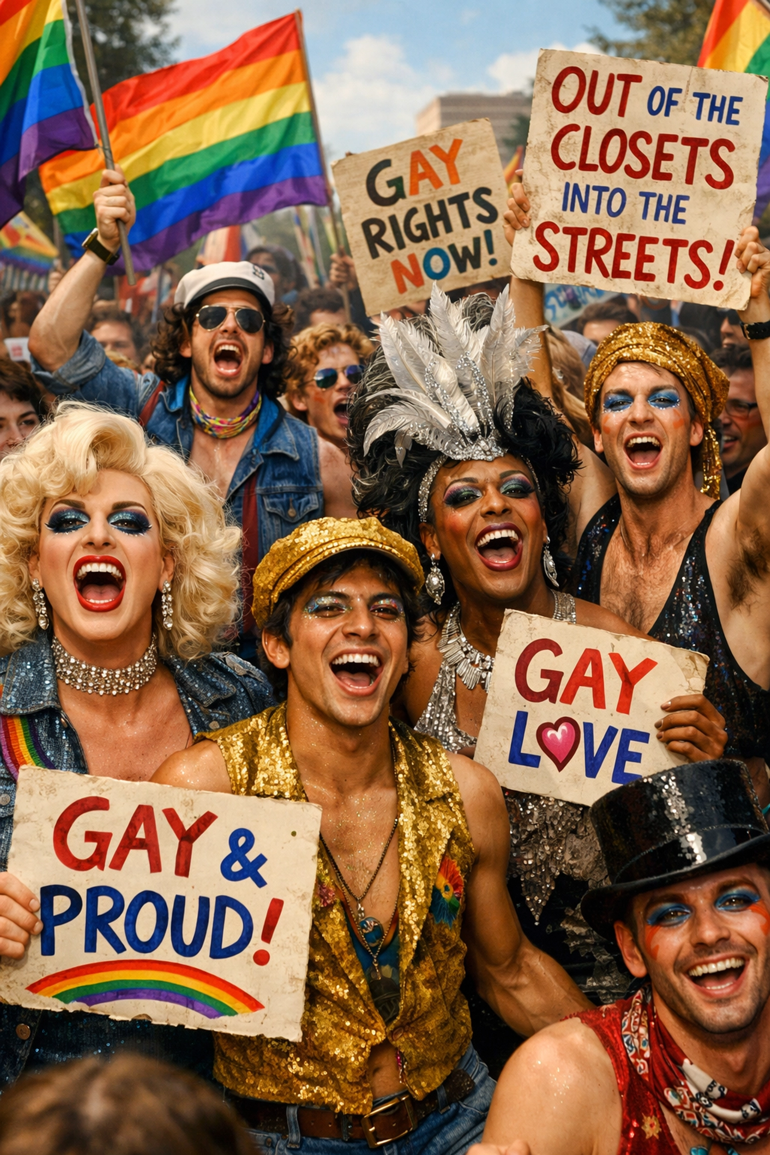 LGBTQ+ activists at 1970s pride march with theatrical costumes celebrating post-Stonewall gay liberation