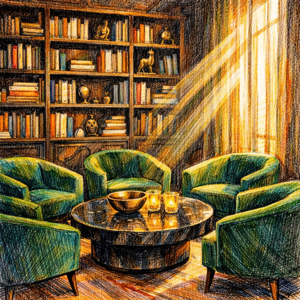 Boutique hotel interior design featuring a cozy lobby lounge with velvet chairs and marble accents.