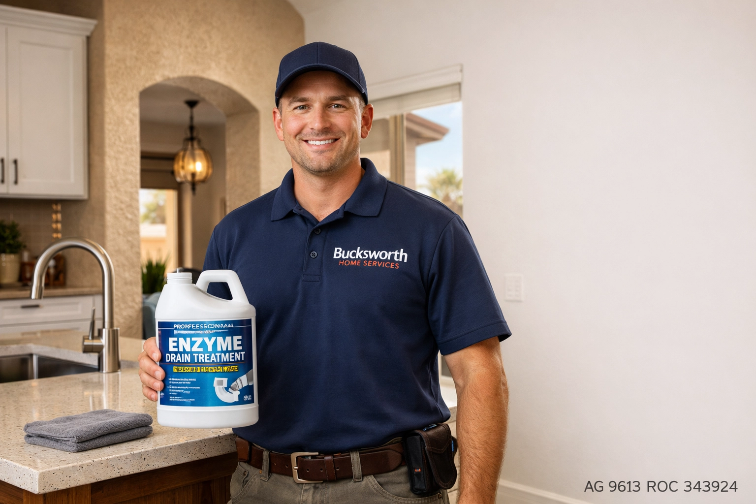 Professional Bucksworth plumbing technician preparing an enzyme drain treatment for Peoria drain maintenance.