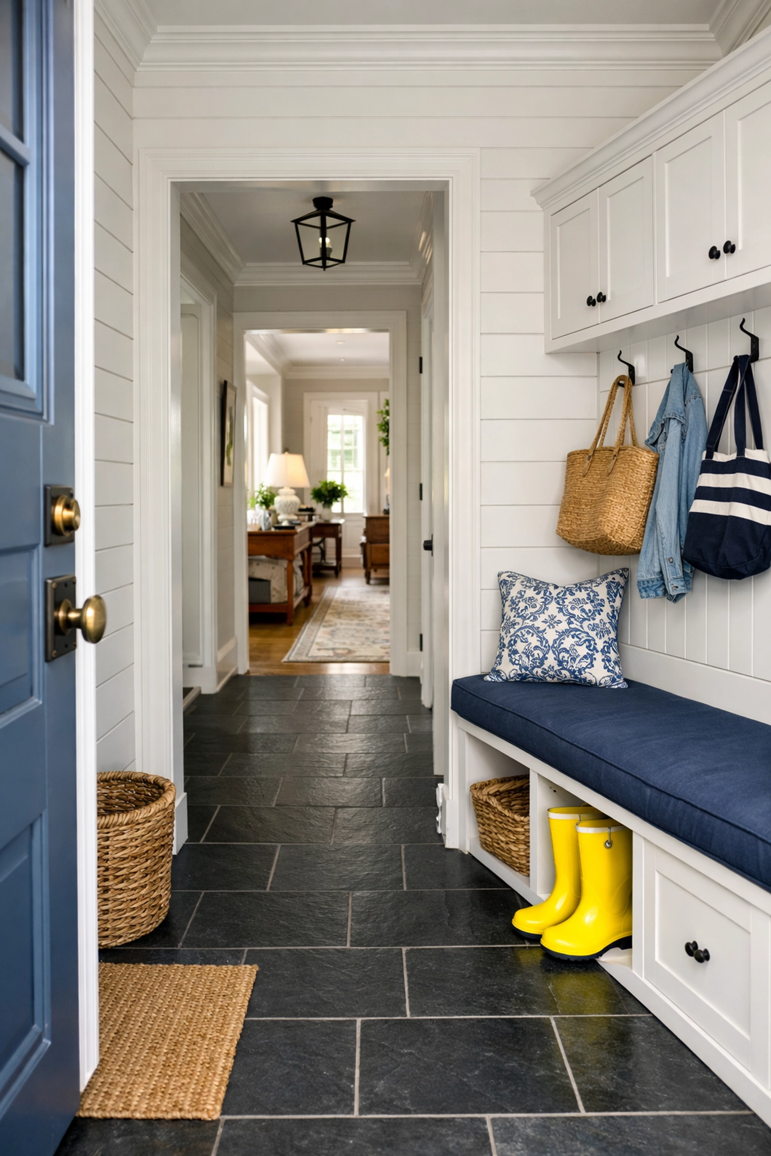 Spotless New England entryway with clean slate floors, showcasing the result of reliable weekly house cleaning in Westford.