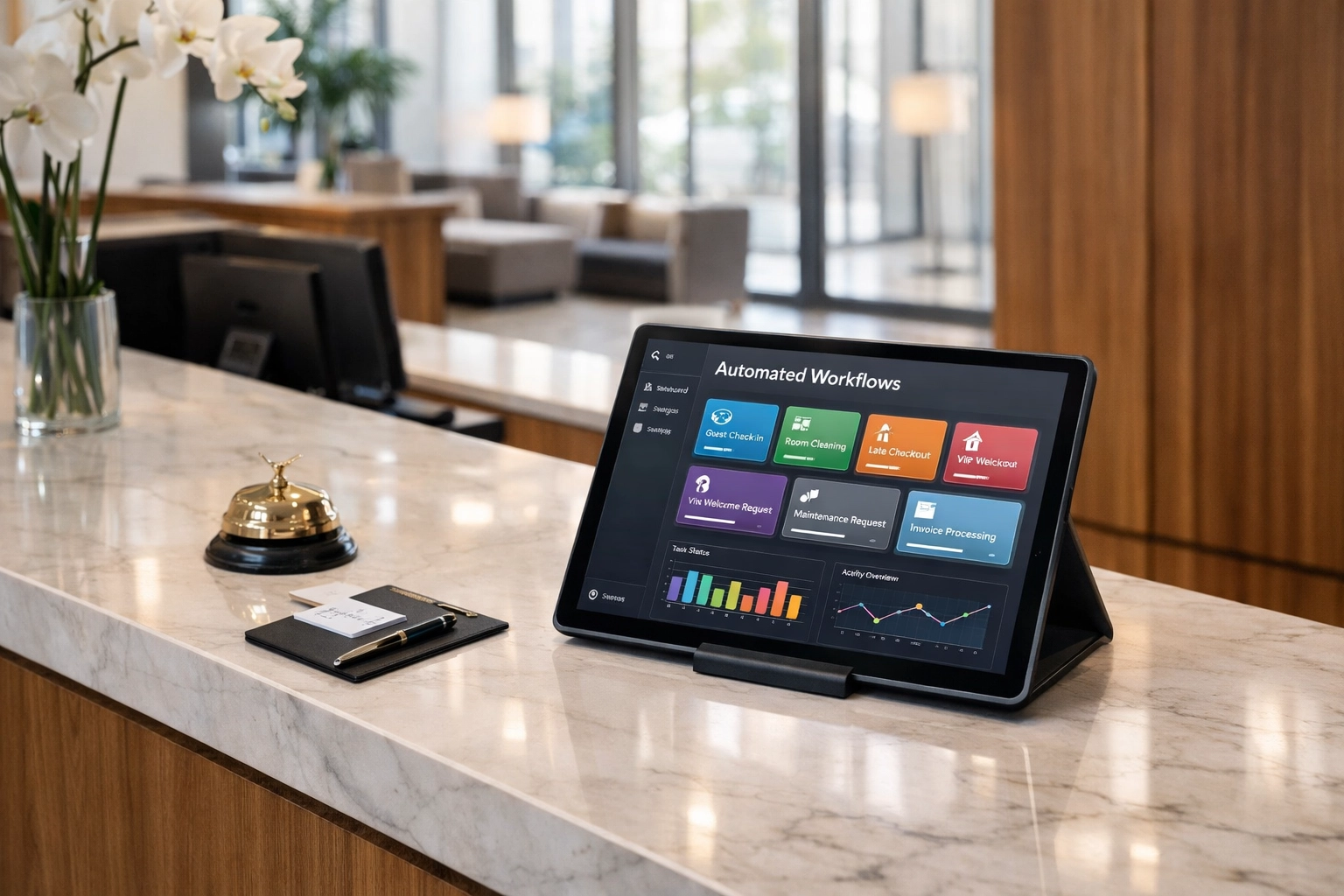 Hotel front desk with automated PMS dashboard on tablet display