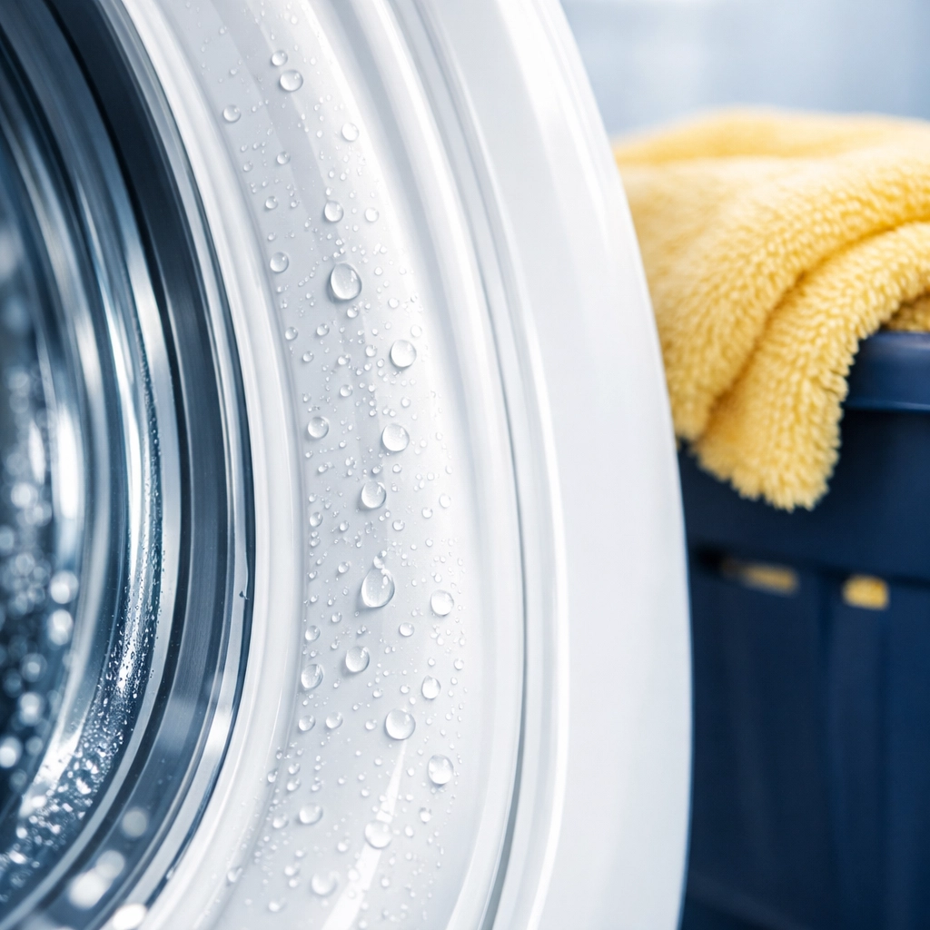 Close-up of a clean white rubber washing machine seal after deep cleaning maintenance.