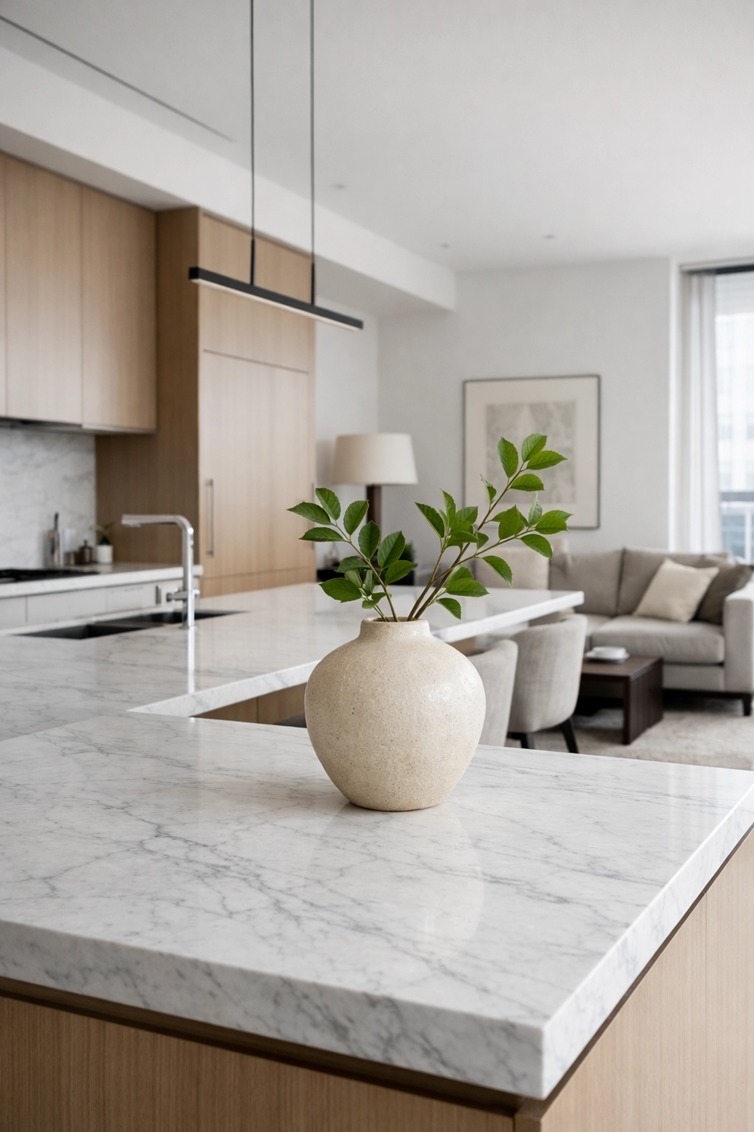 Minimalist kitchen in a modern condo, highlighting the benefits of downsizing for a simpler lifestyle.