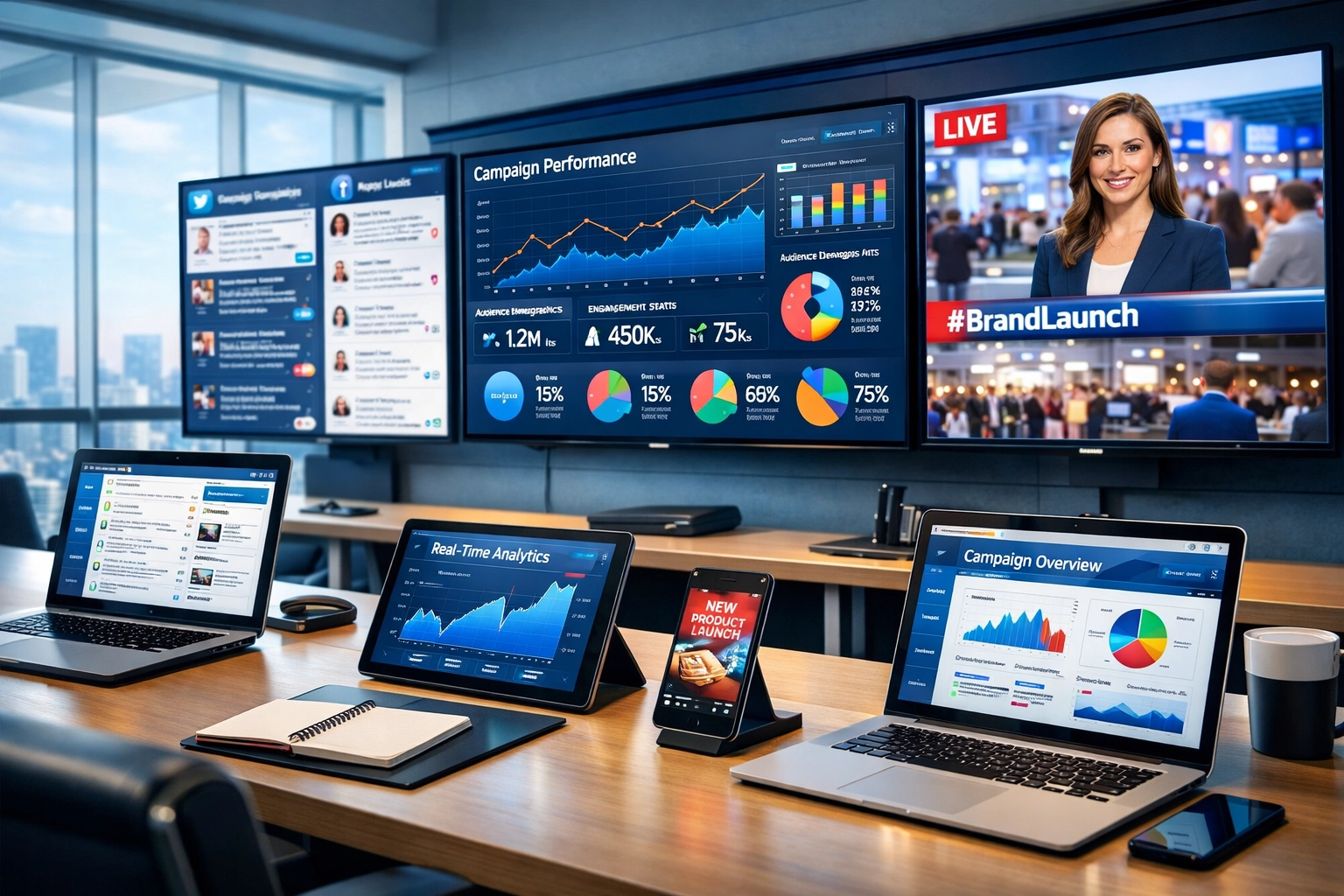 Multi-channel Super Bowl marketing command center with monitors tracking campaign performance