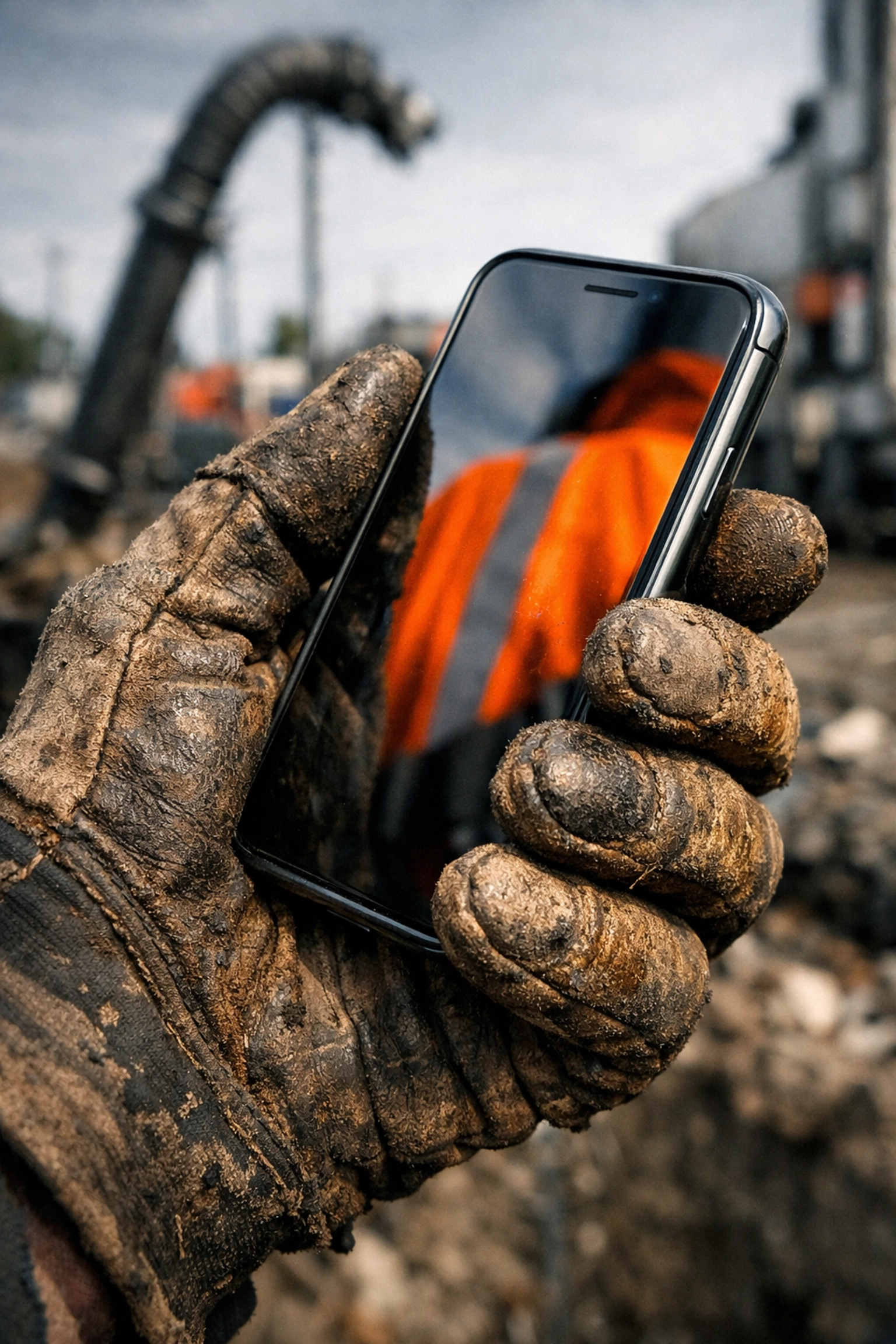 Utility worker using a smartphone to book hydrovac services via a mobile app.