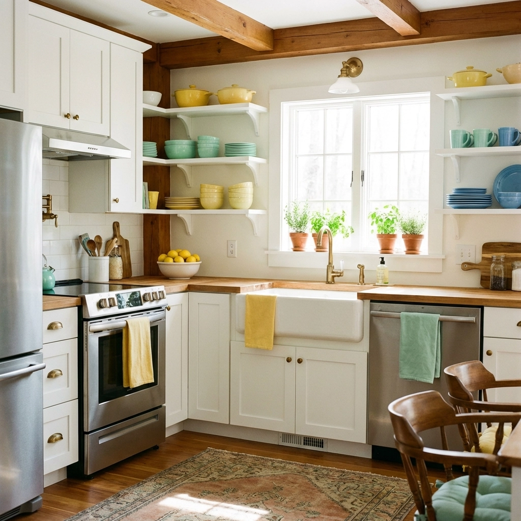 Fully equipped Savannah cottage kitchen with modern appliances, white cabinets, and natural light