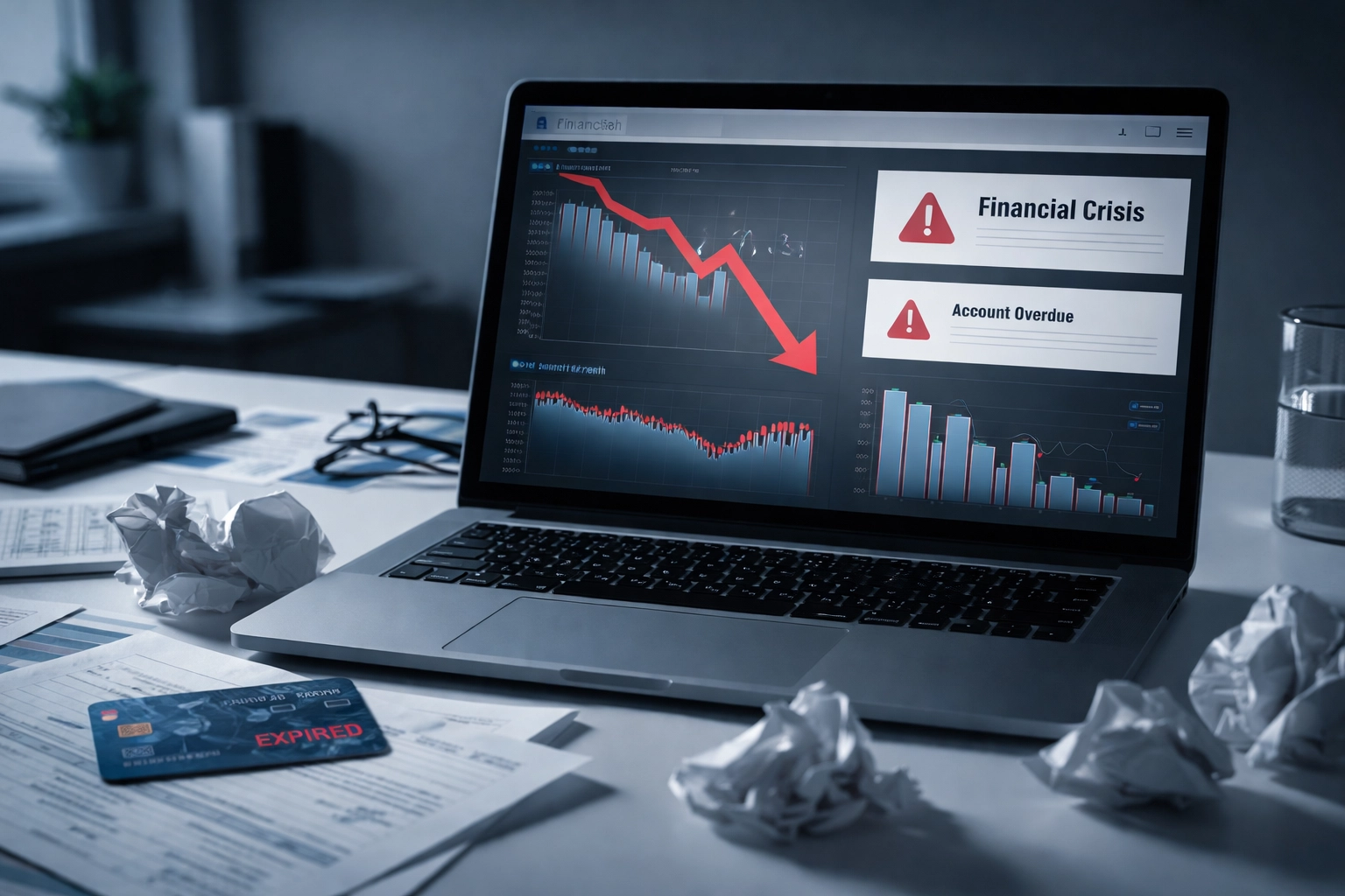 Office desk scene showing a laptop with declining financial charts, symbolizing failed SaaS payments and credit card processing issues