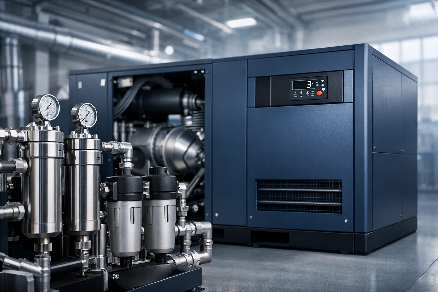 Industrial refrigerated air dryer and screw air compressor system for moisture control and dew point stability.