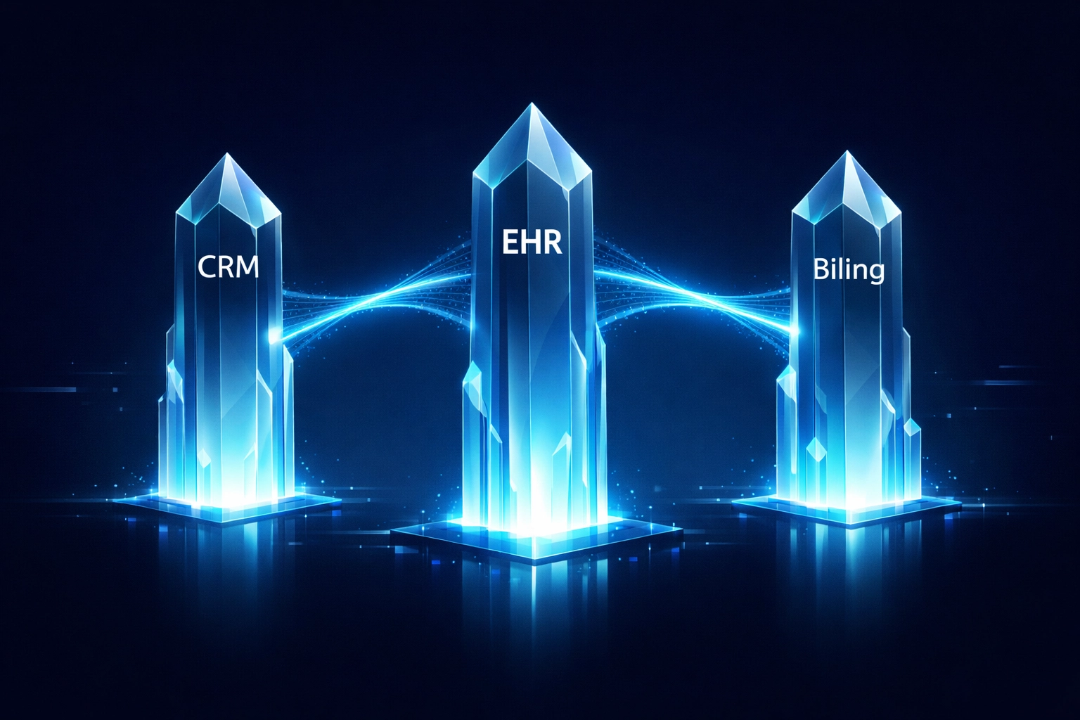 Integrated digital pillars showing the synchronization of CRM, EHR, and billing systems for medical clinics.