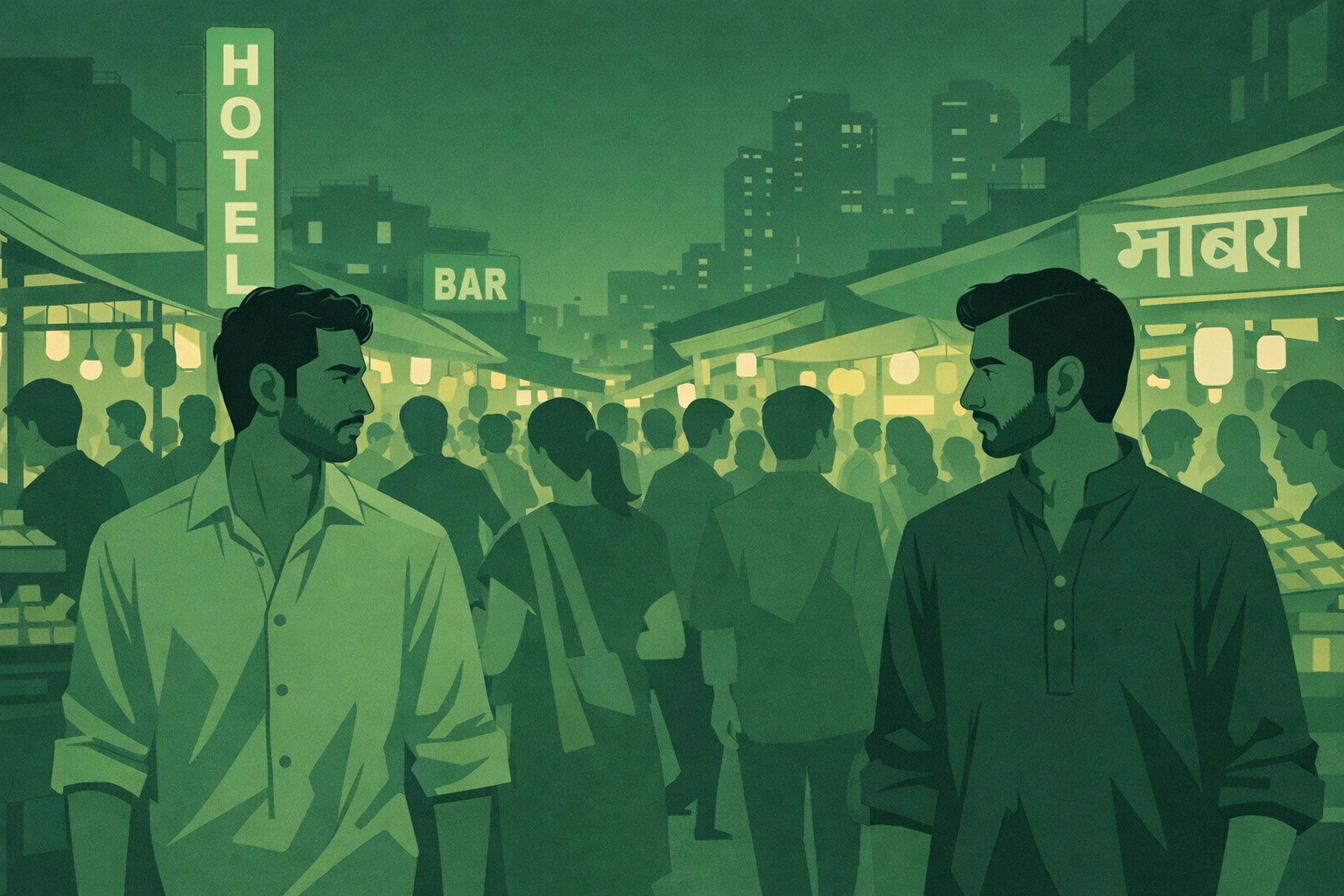 Two men exchange longing glances across crowded Mumbai night market in contemporary gay romance