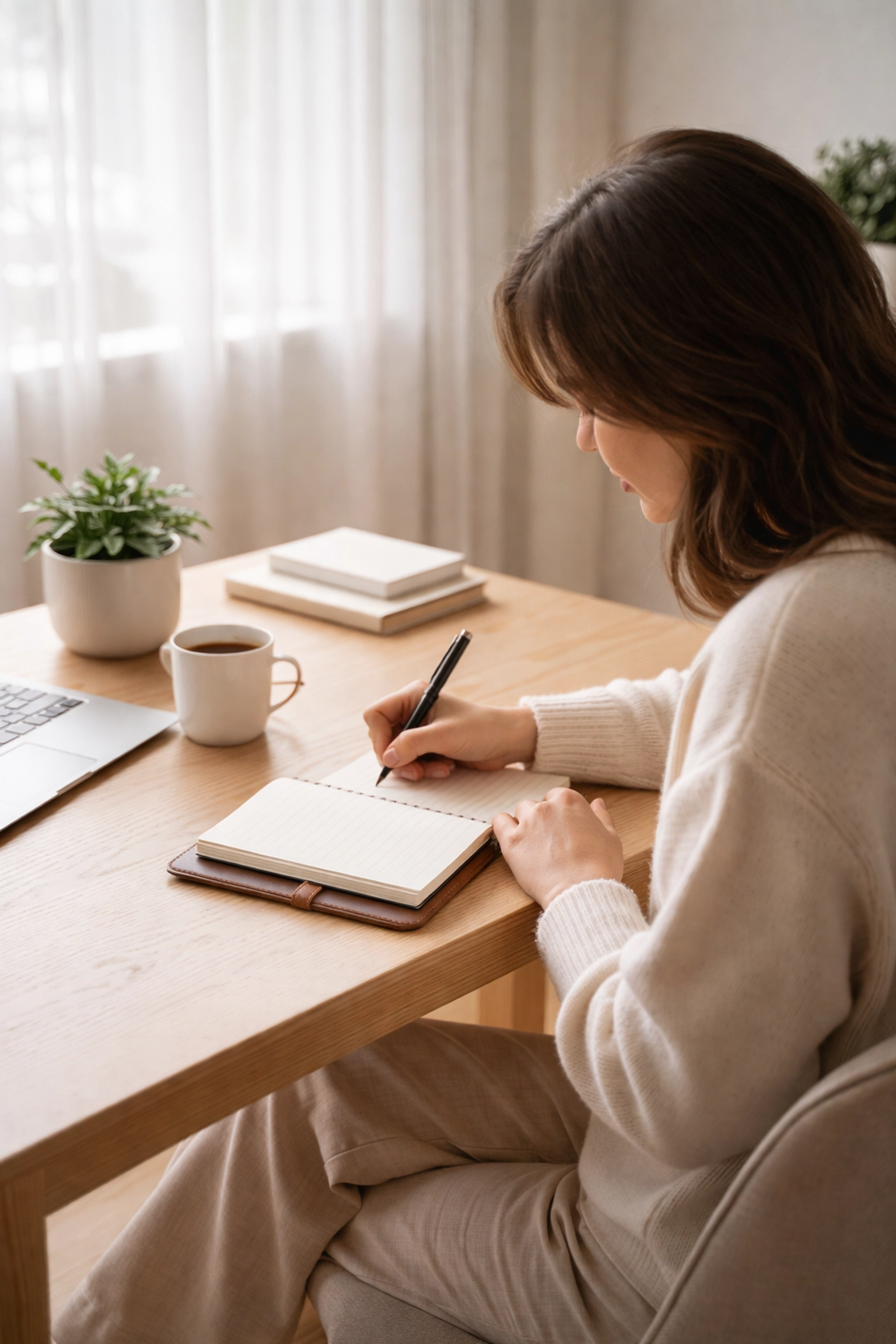 Person journaling startup problems at a sunny desk to spark new business ideas and inspiration