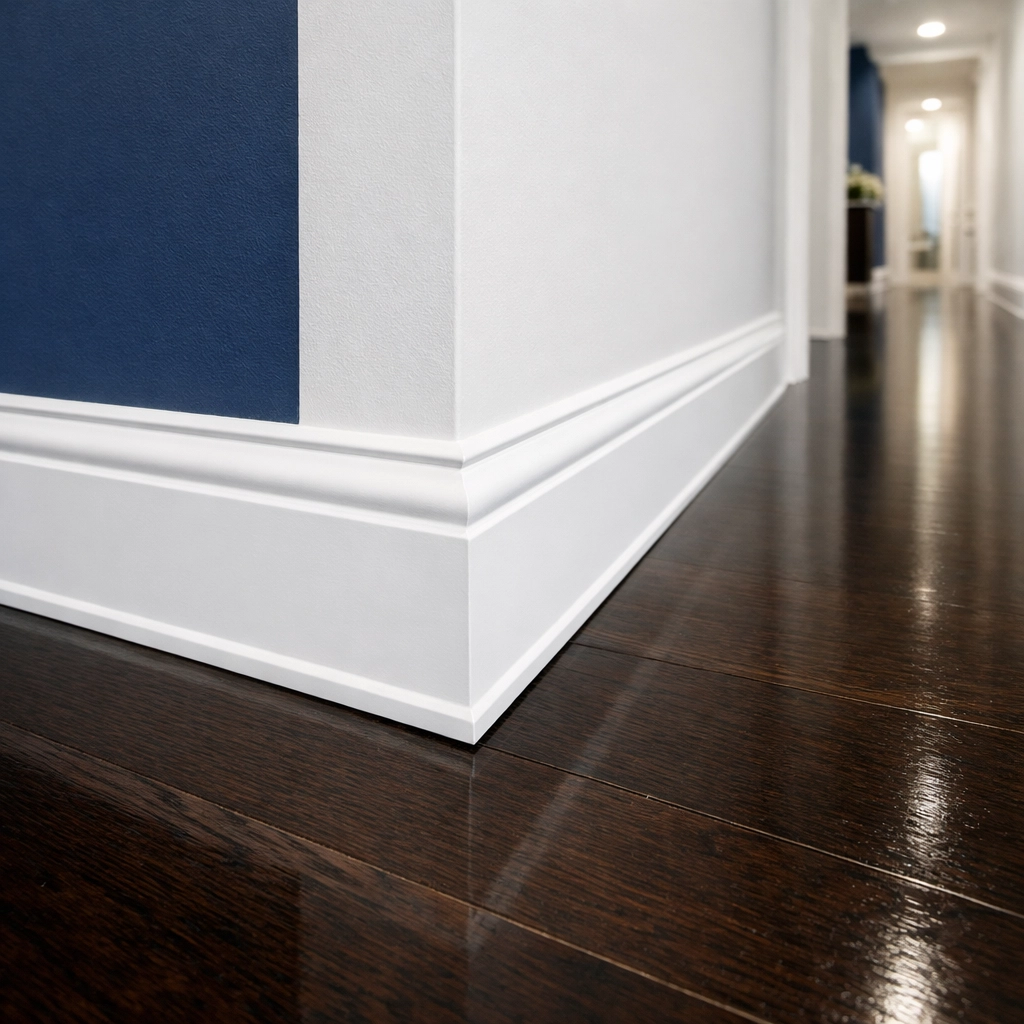 Detailed cleaning of white baseboards and dark floors during professional deep cleaning your Fitchburg home.