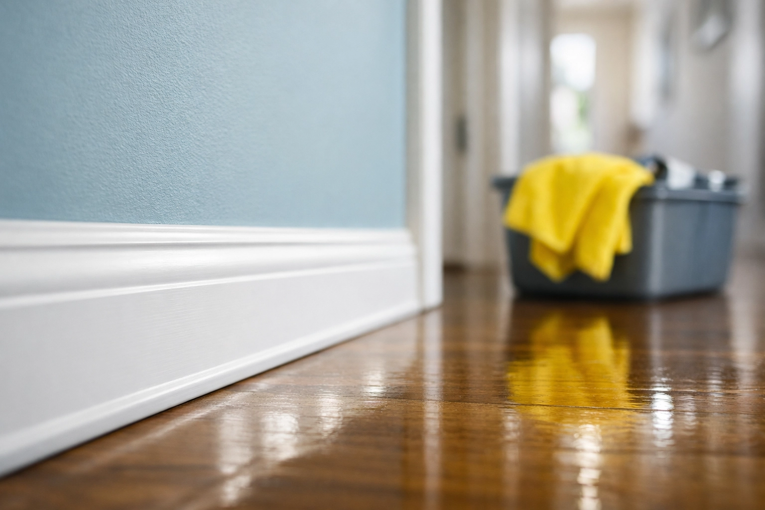 Pristine white baseboards and polished hardwood floors in a contemporary home after a move-out clean.