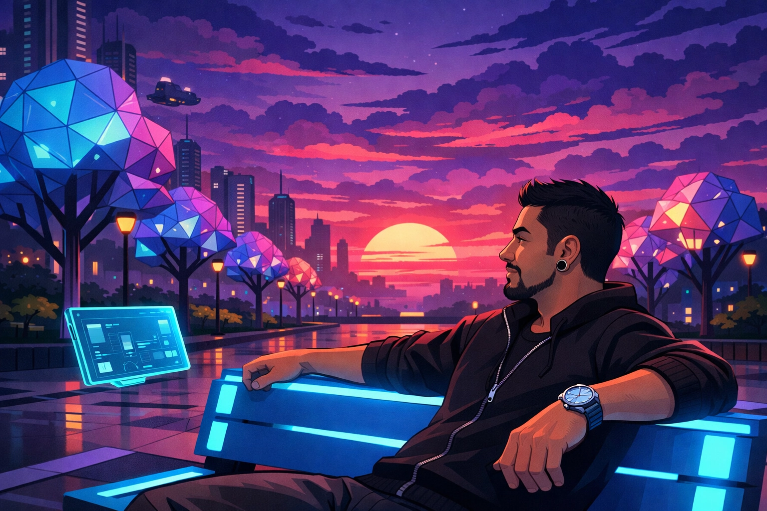 Matthew Elizondo observing a digital sunset, representing human vision in AI automation.